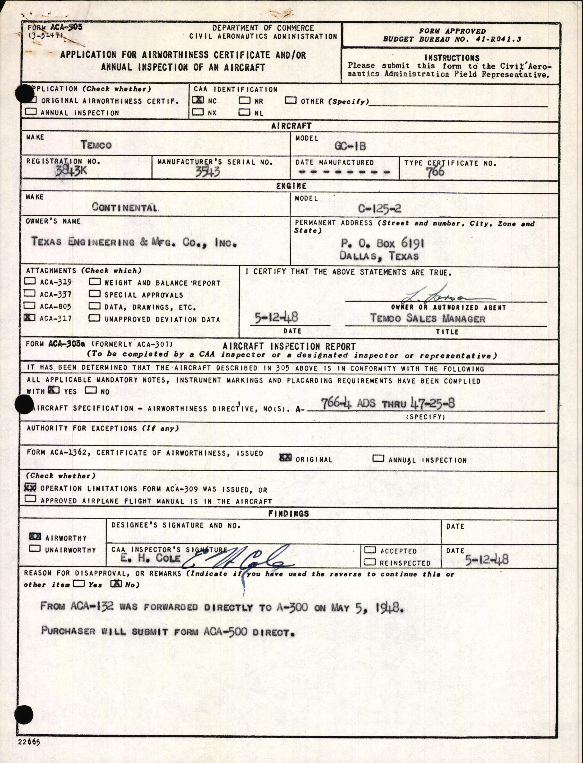 Sample page 1 from AirCorps Library document: Technical Information for Serial Number 3543