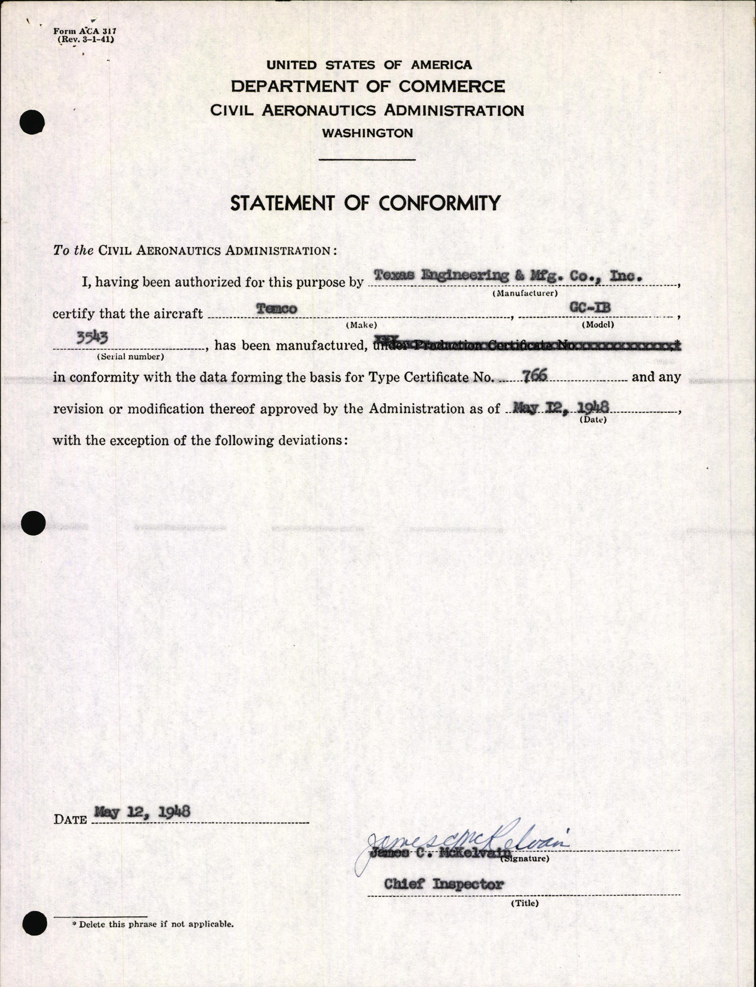 Sample page 3 from AirCorps Library document: Technical Information for Serial Number 3543