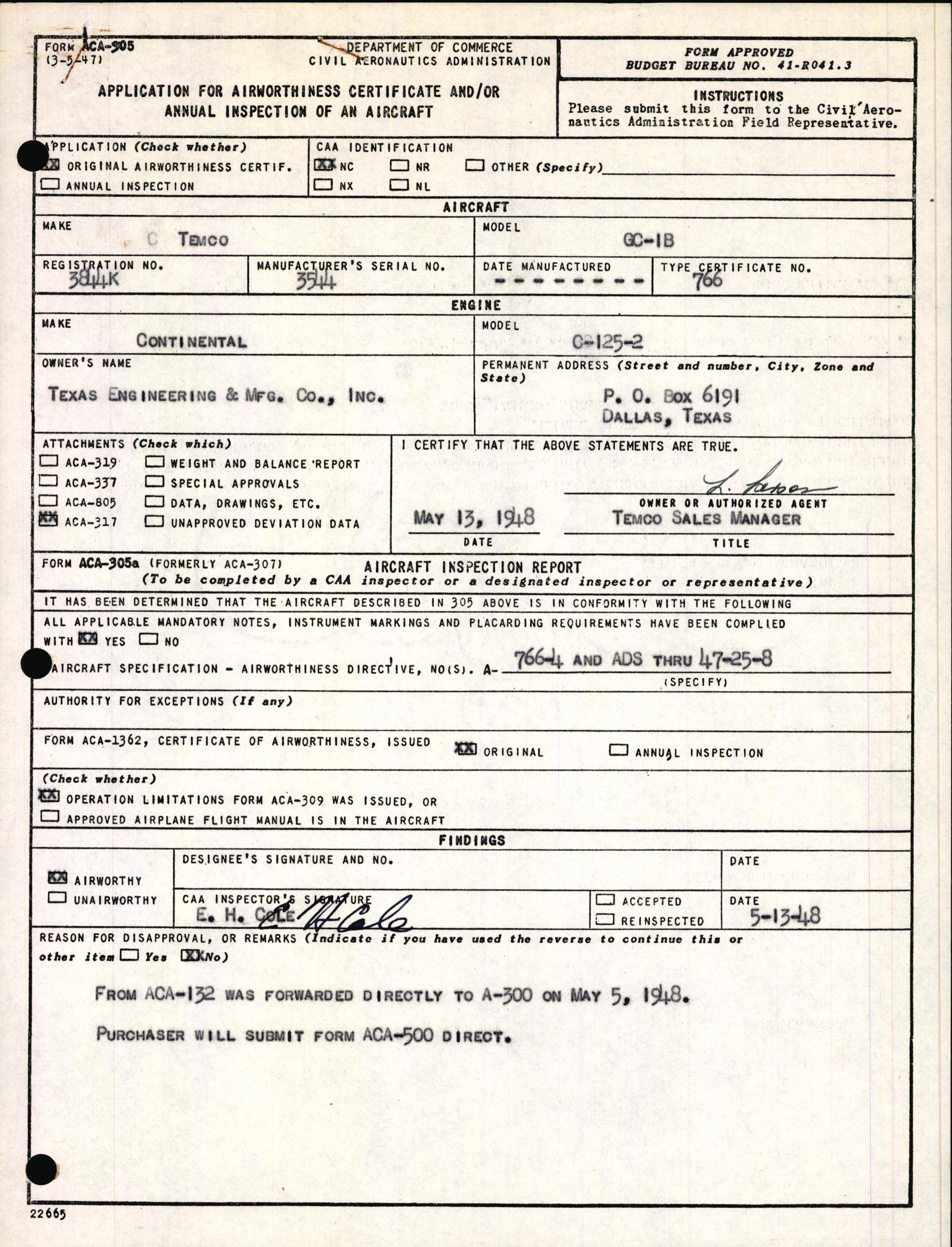 Sample page 1 from AirCorps Library document: Technical Information for Serial Number 3544