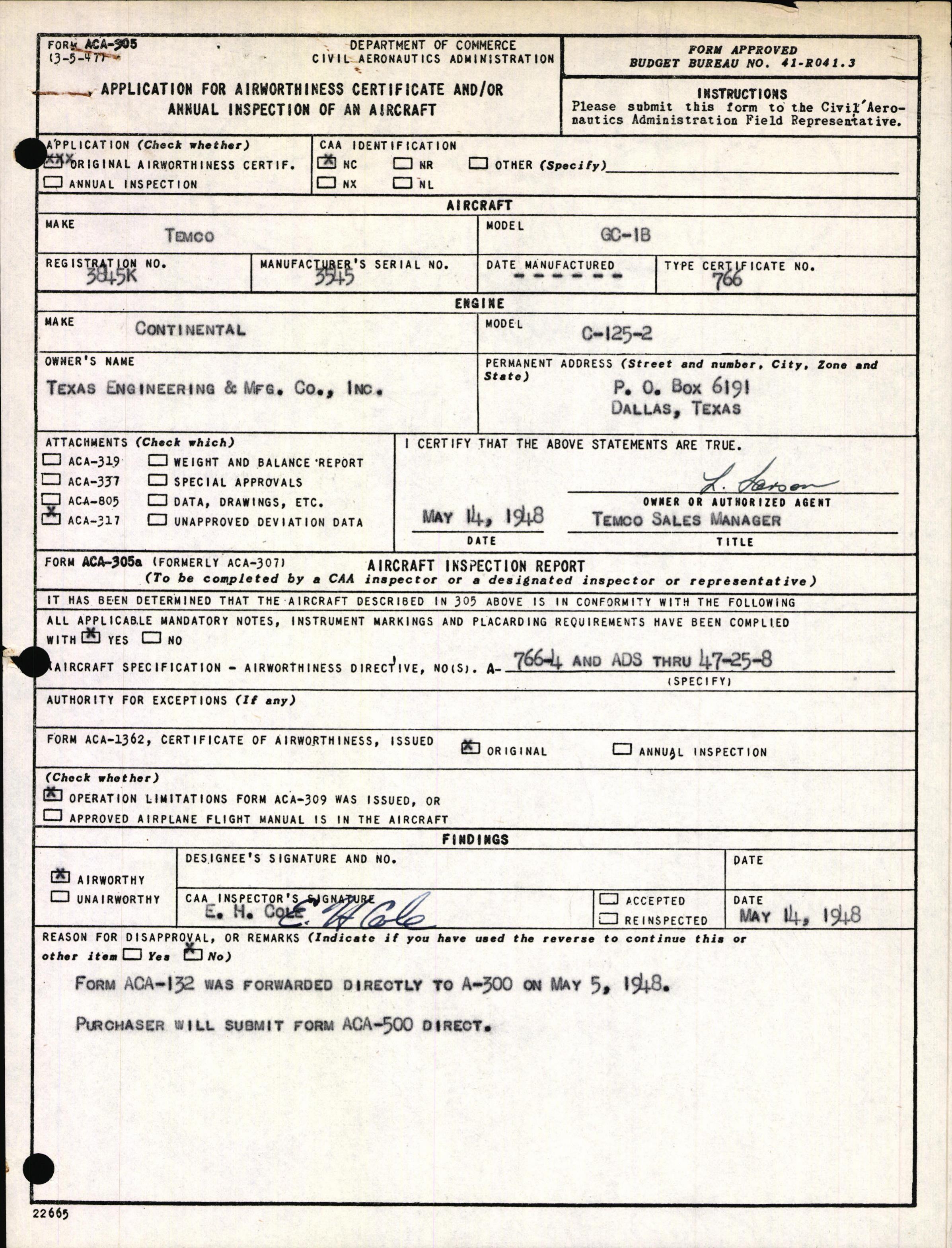 Sample page 1 from AirCorps Library document: Technical Information for Serial Number 3545