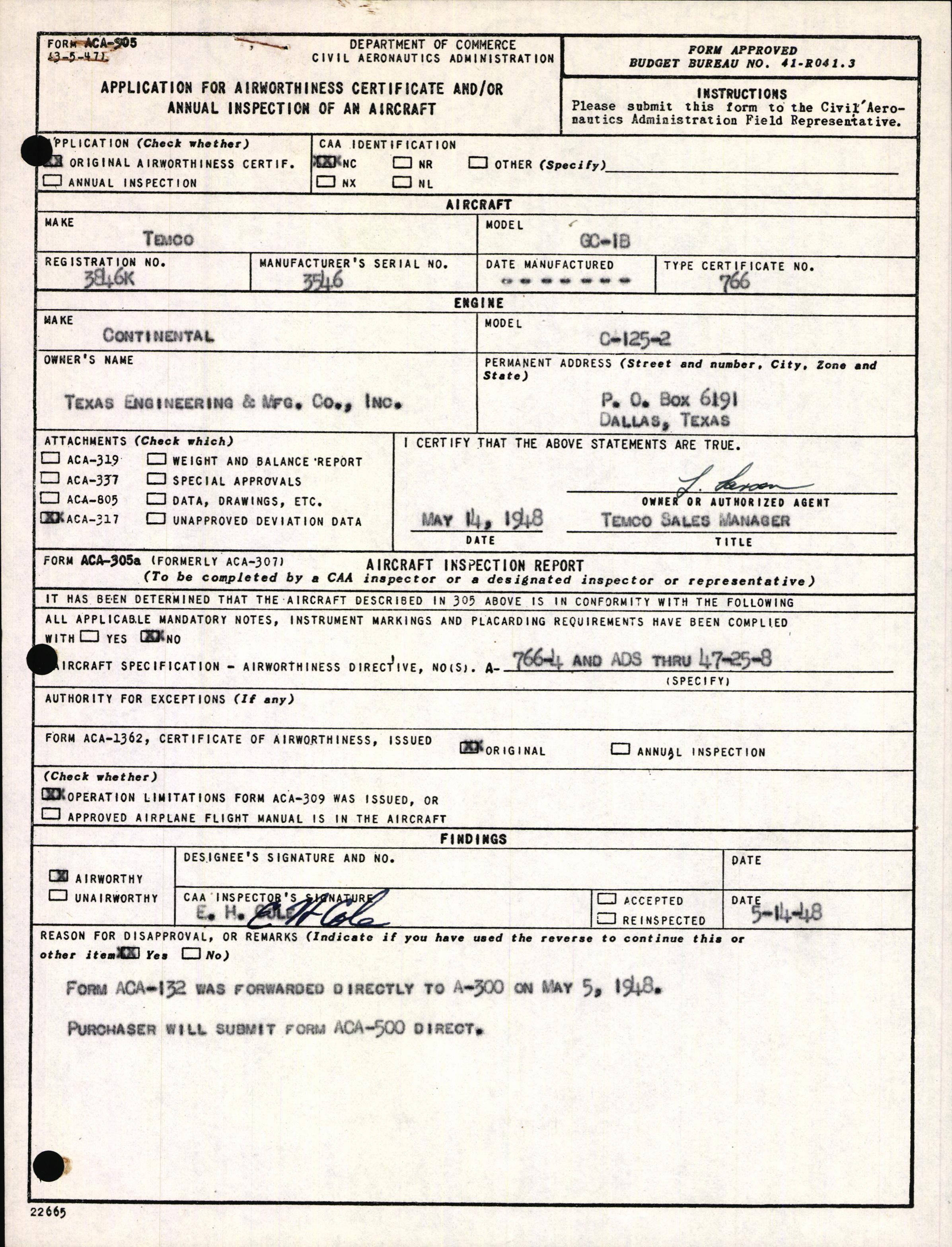 Sample page 1 from AirCorps Library document: Technical Information for Serial Number 3546