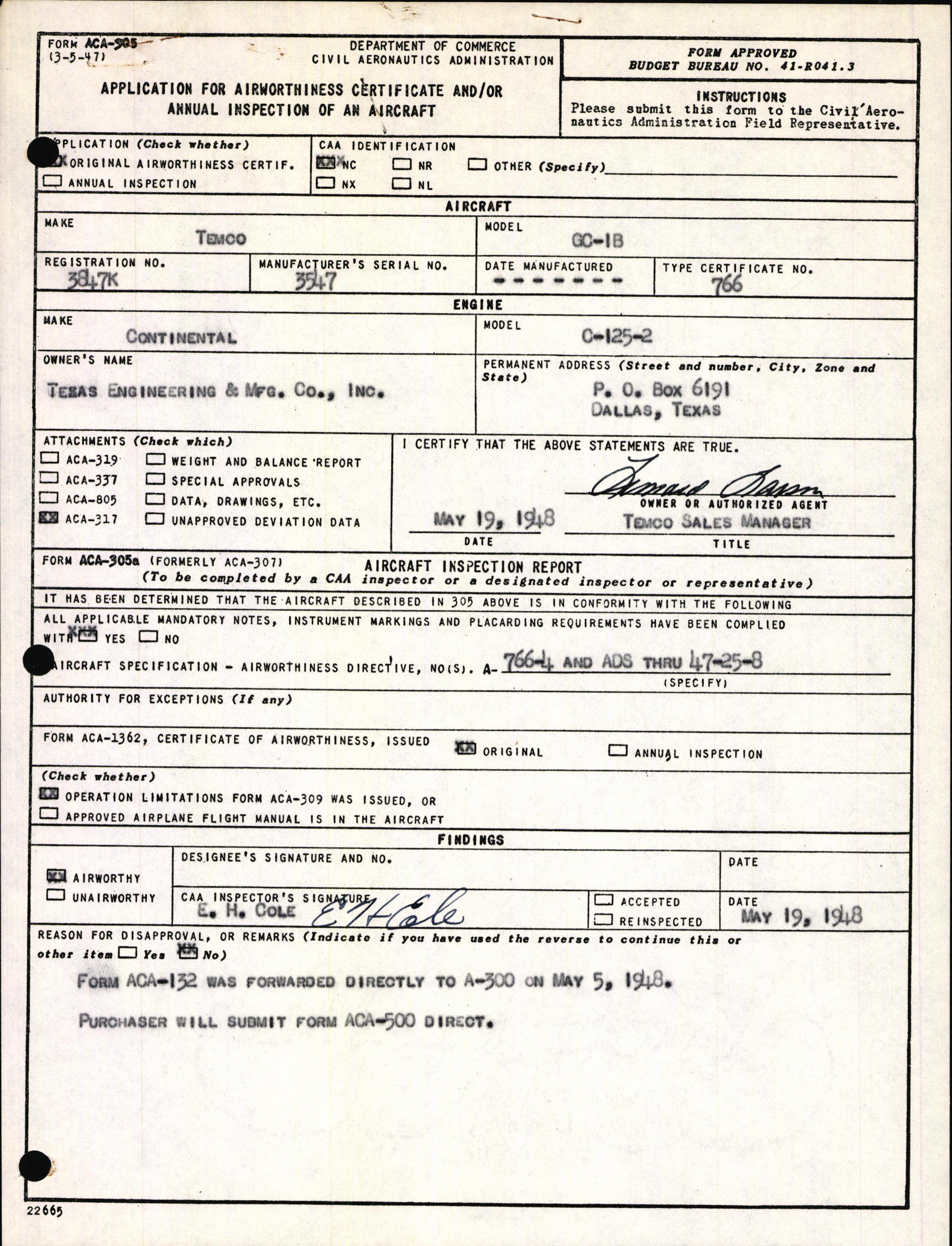 Sample page 1 from AirCorps Library document: Technical Information for Serial Number 3547