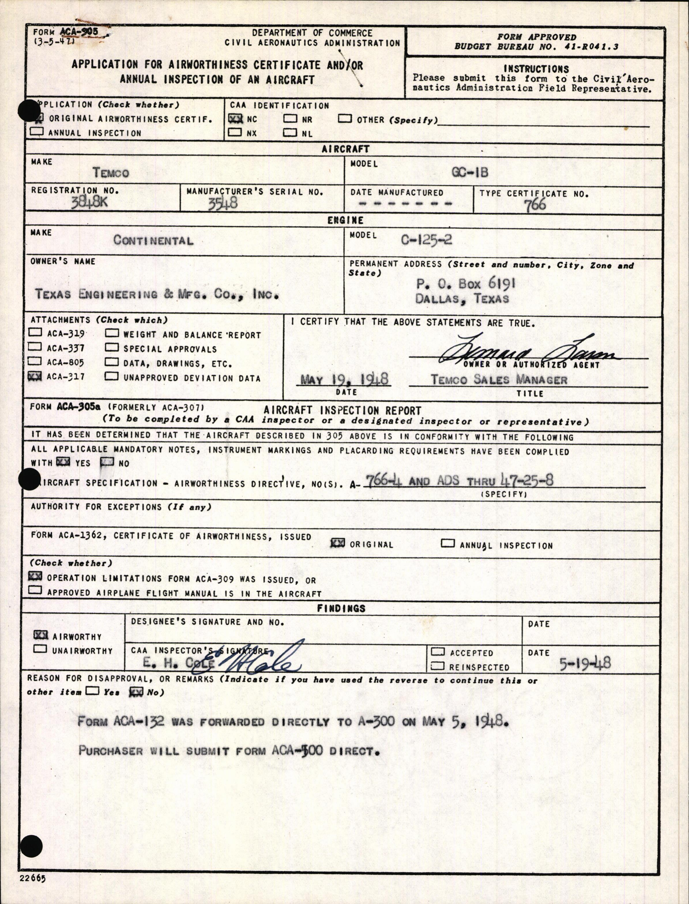 Sample page 1 from AirCorps Library document: Technical Information for Serial Number 3548