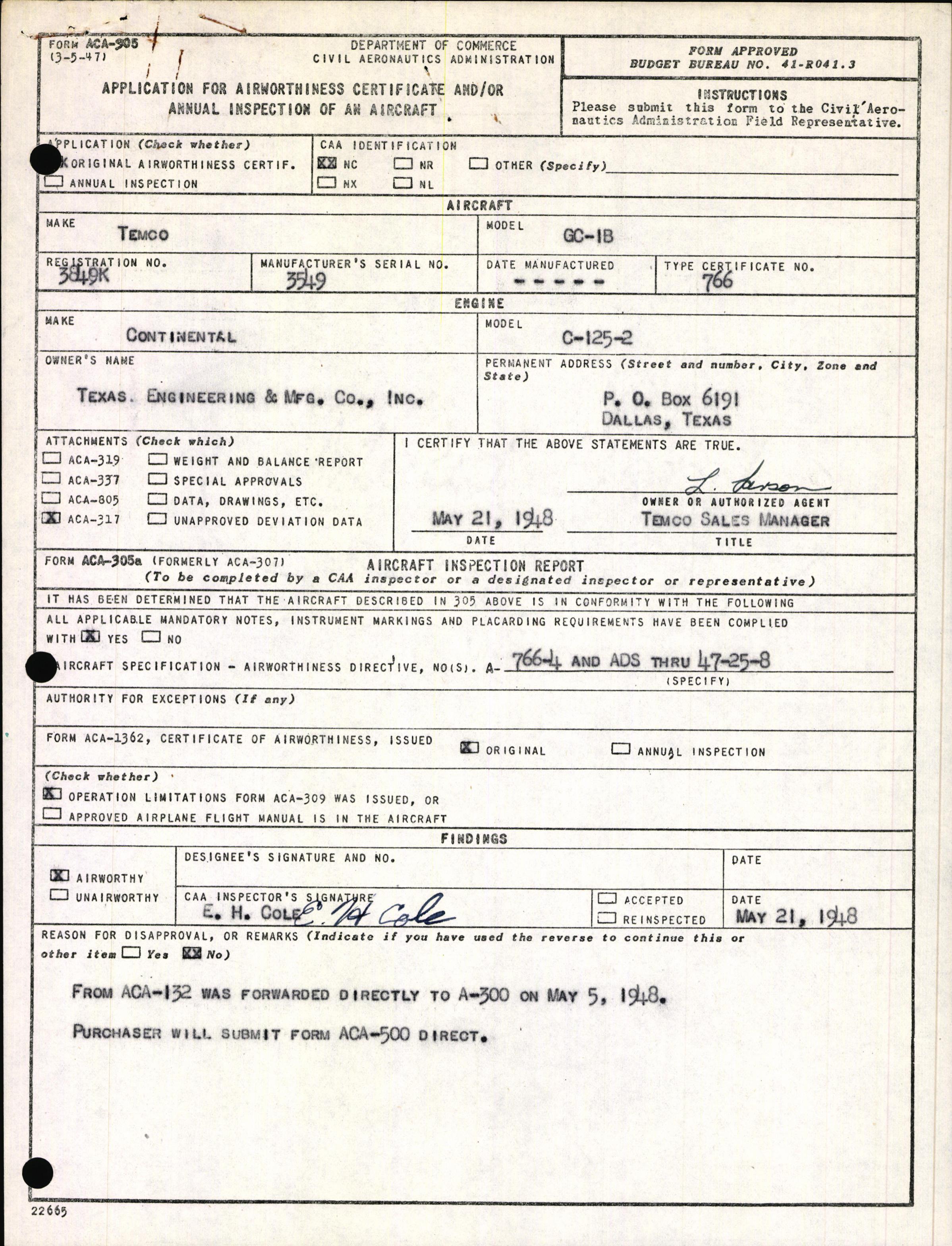 Sample page 1 from AirCorps Library document: Technical Information for Serial Number 3549