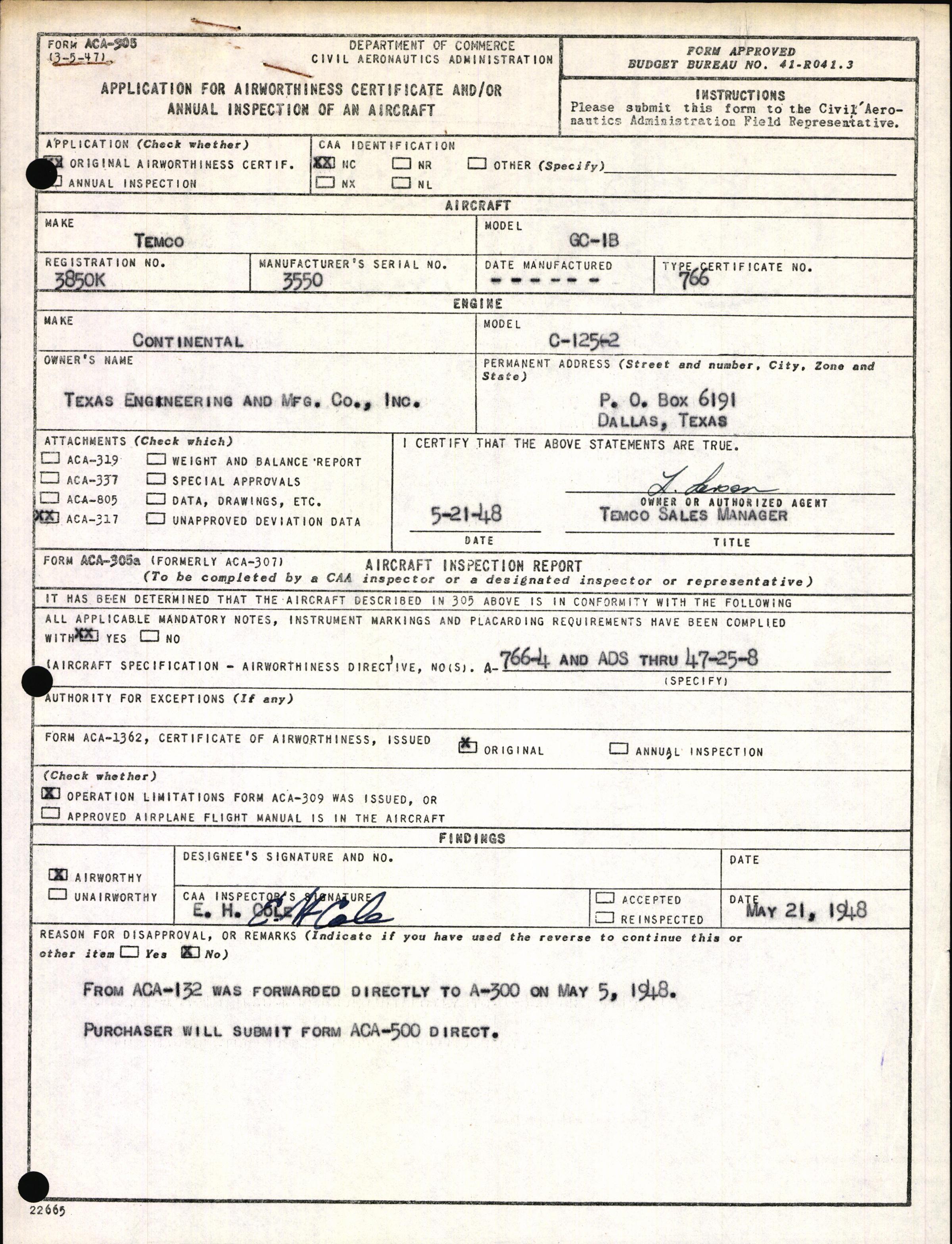 Sample page 1 from AirCorps Library document: Technical Information for Serial Number 3550