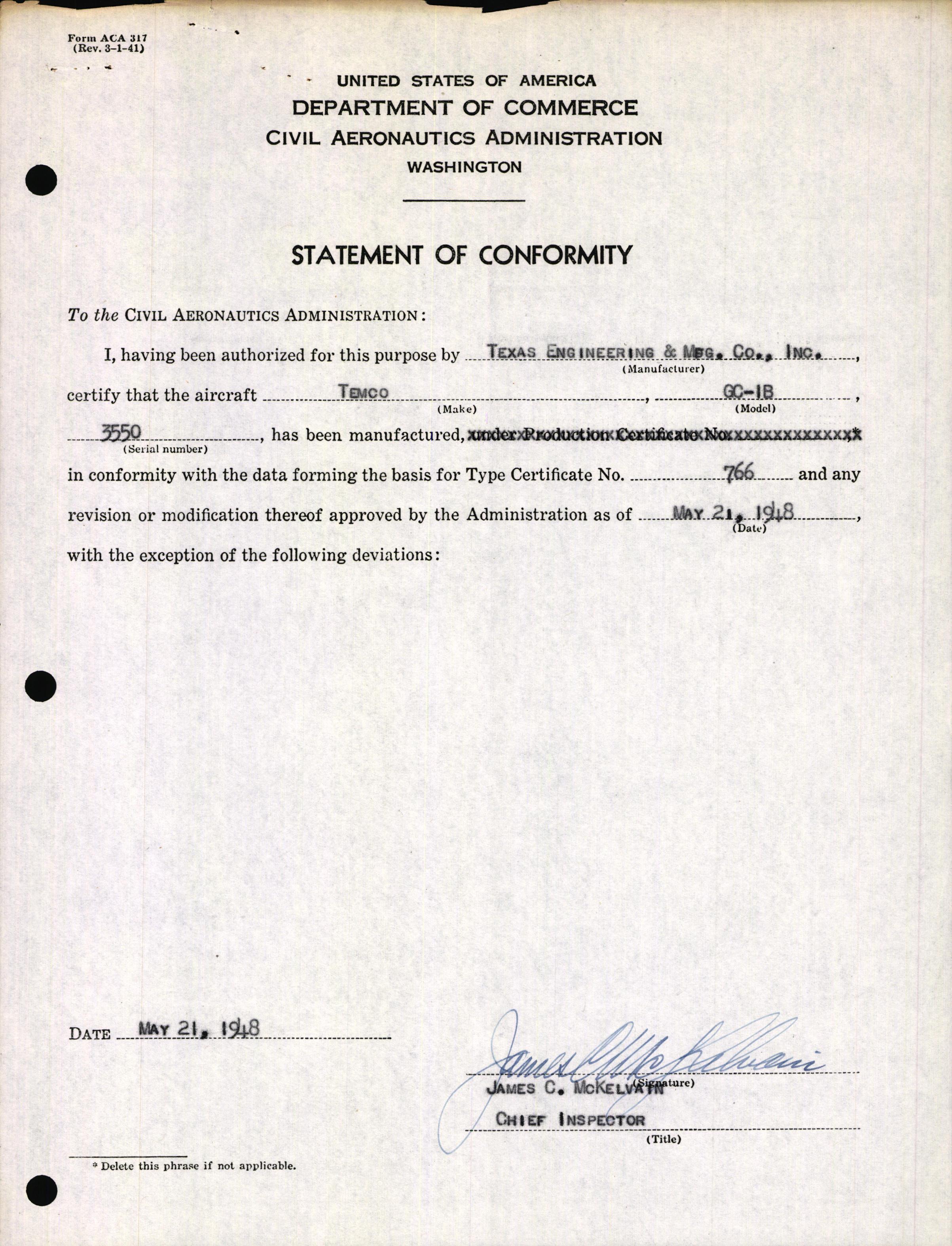 Sample page 3 from AirCorps Library document: Technical Information for Serial Number 3550