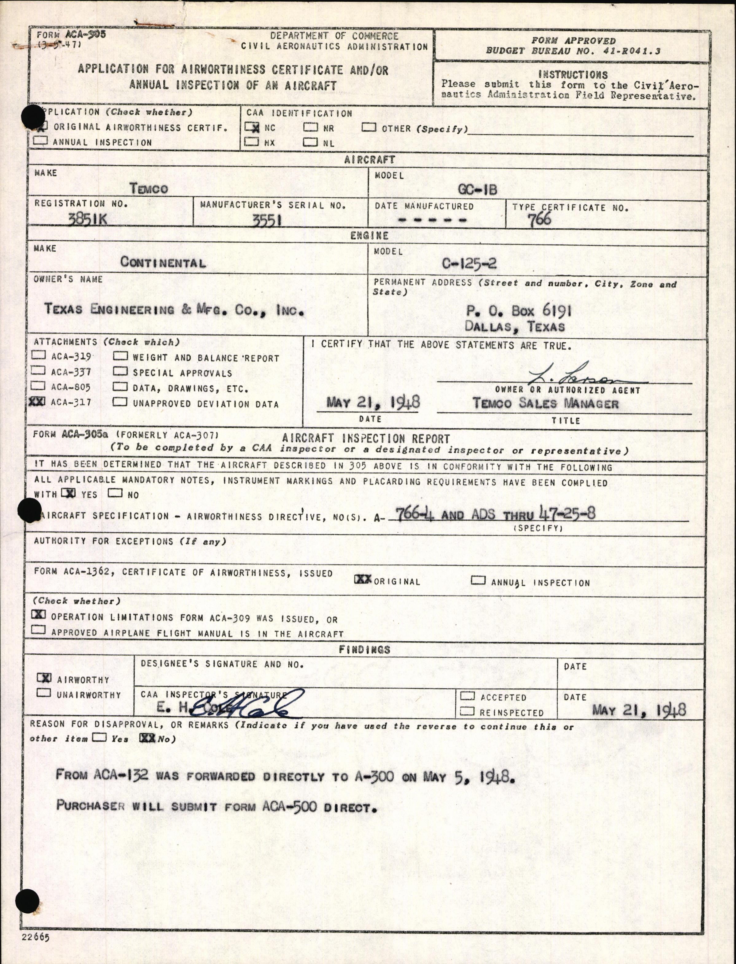 Sample page 1 from AirCorps Library document: Technical Information for Serial Number 3551