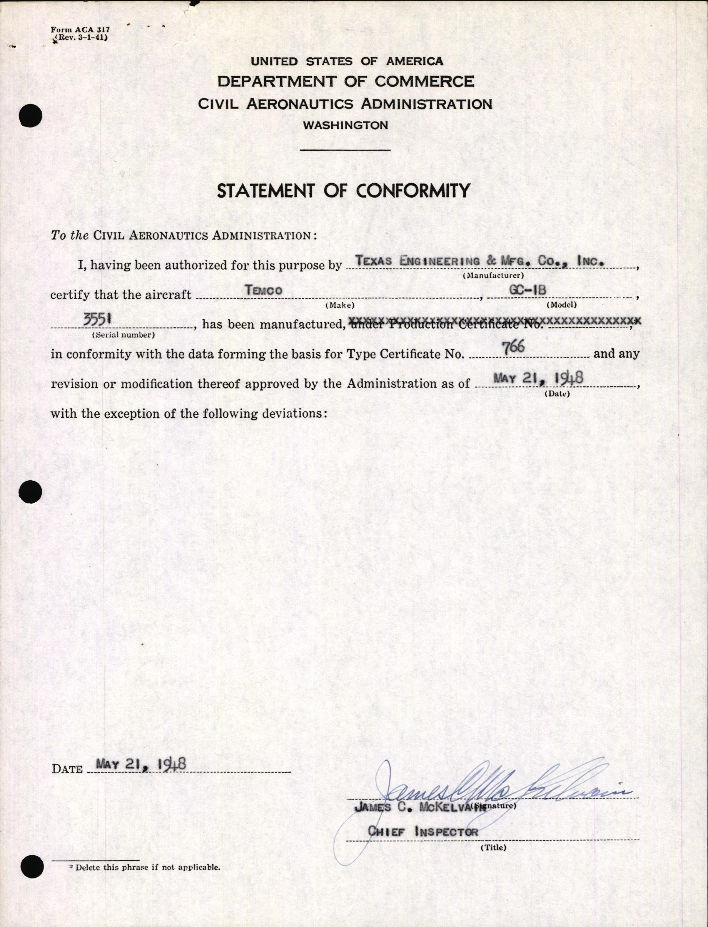 Sample page 3 from AirCorps Library document: Technical Information for Serial Number 3551