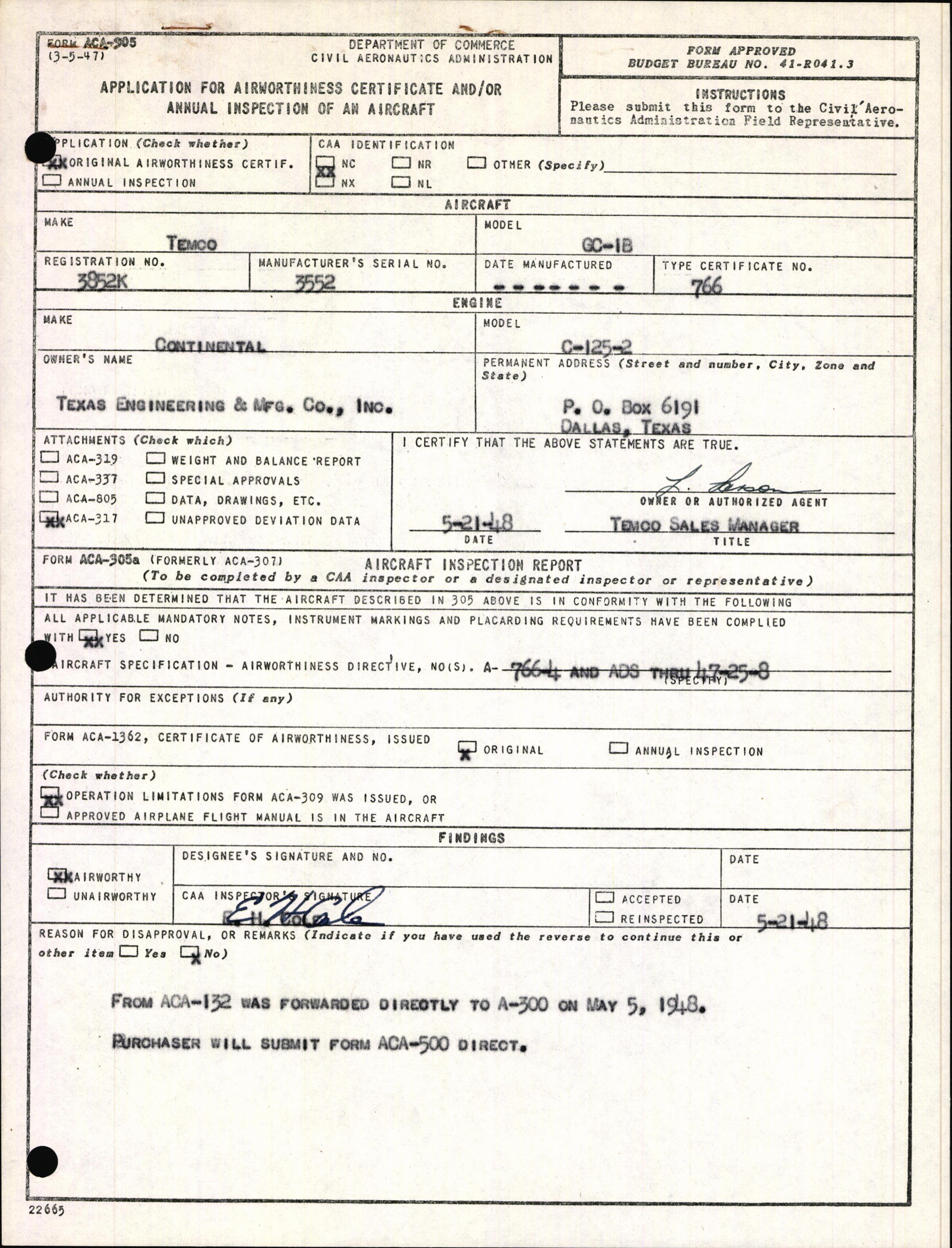 Sample page 1 from AirCorps Library document: Technical Information for Serial Number 3552