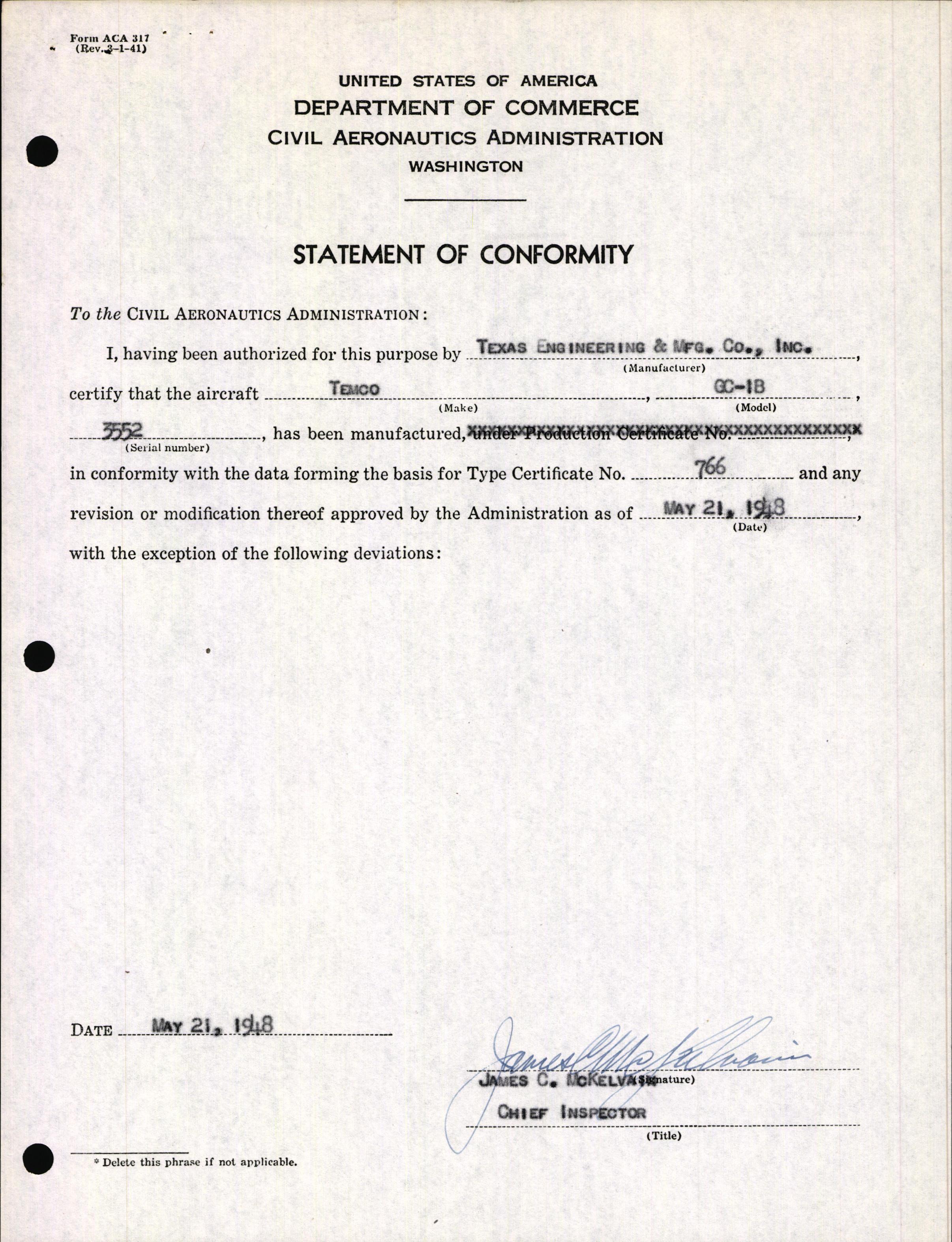 Sample page 3 from AirCorps Library document: Technical Information for Serial Number 3552