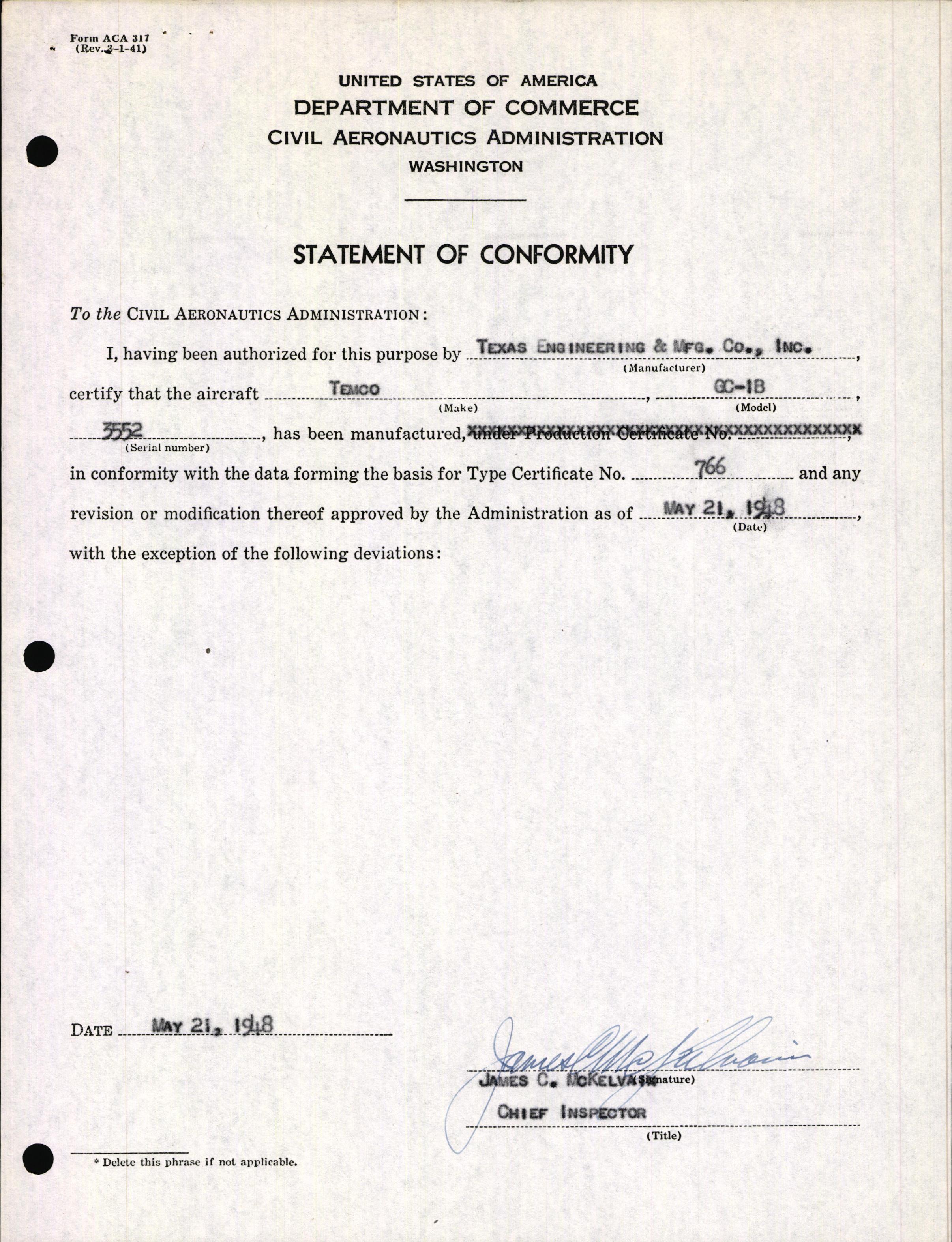 Sample page 3 from AirCorps Library document: Technical Information for Serial Number 3552