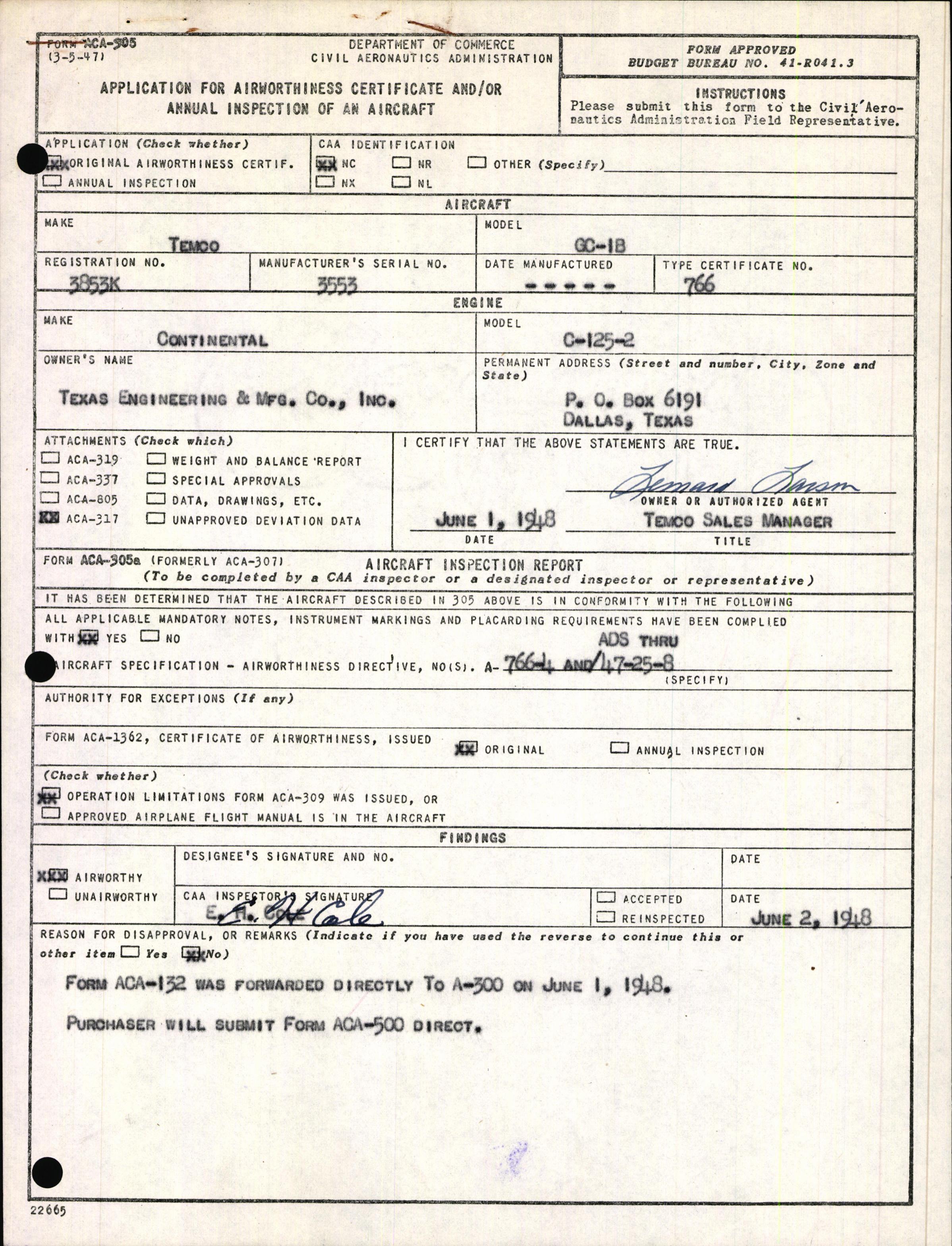 Sample page 1 from AirCorps Library document: Technical Information for Serial Number 3553