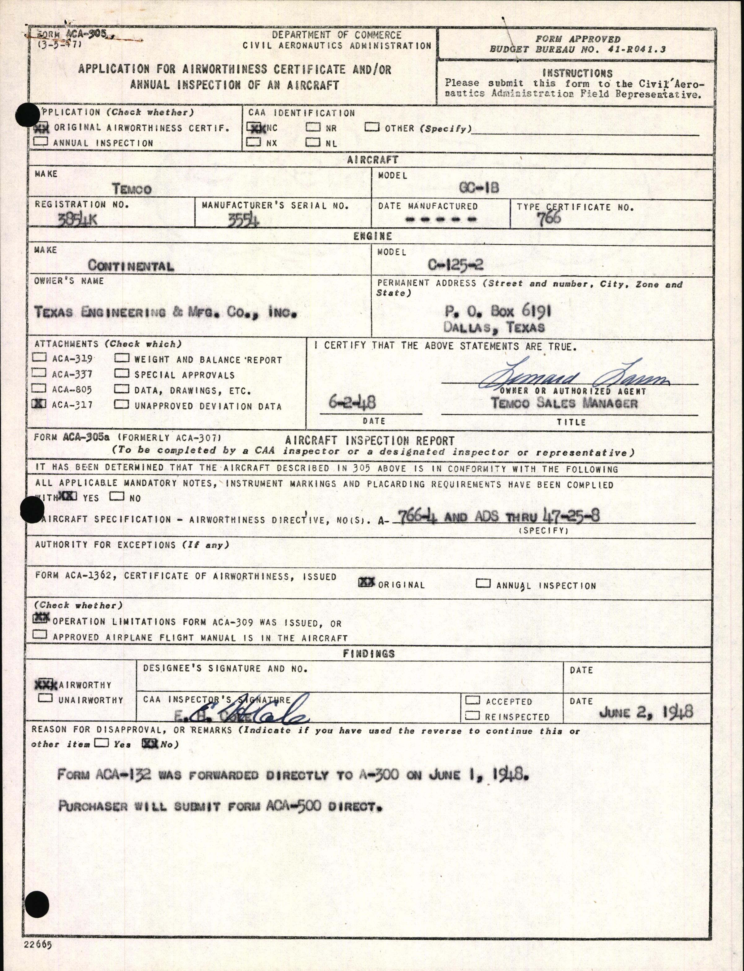 Sample page 1 from AirCorps Library document: Technical Information for Serial Number 3554