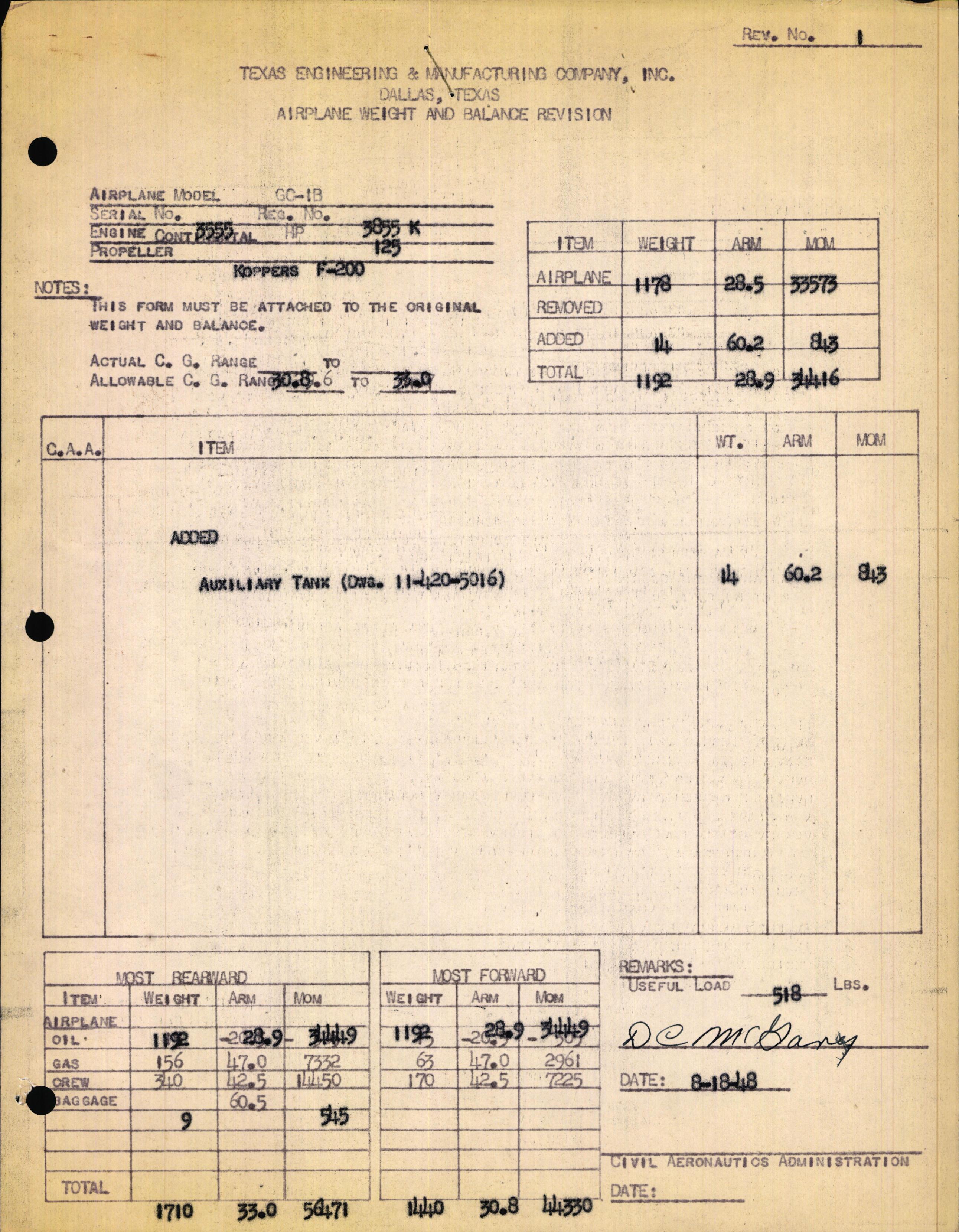 Sample page 1 from AirCorps Library document: Technical Information for Serial Number 3555