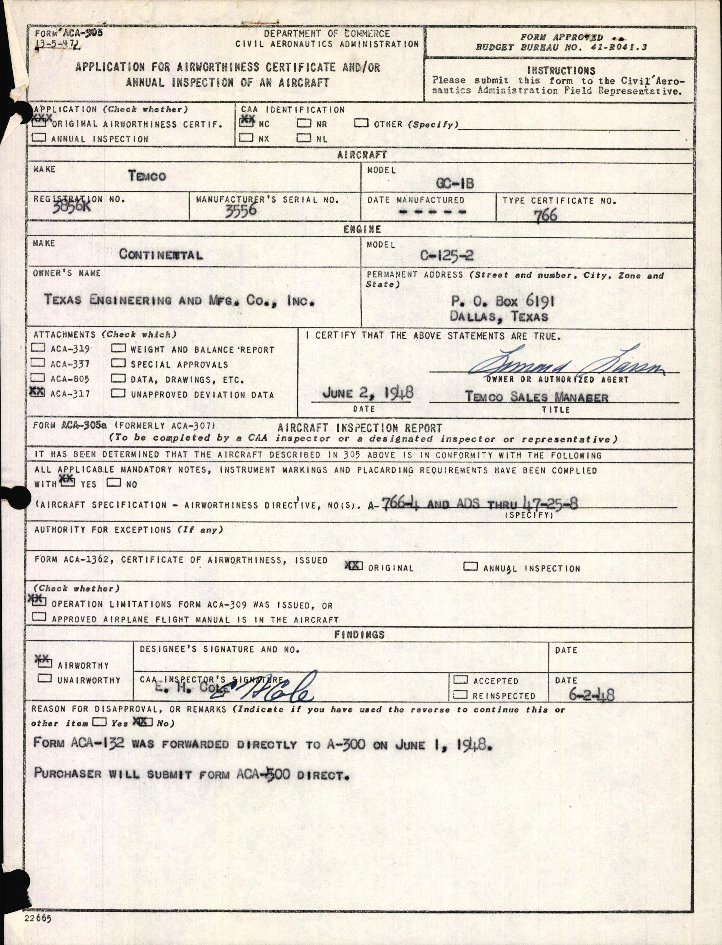 Sample page 1 from AirCorps Library document: Technical Information for Serial Number 3556