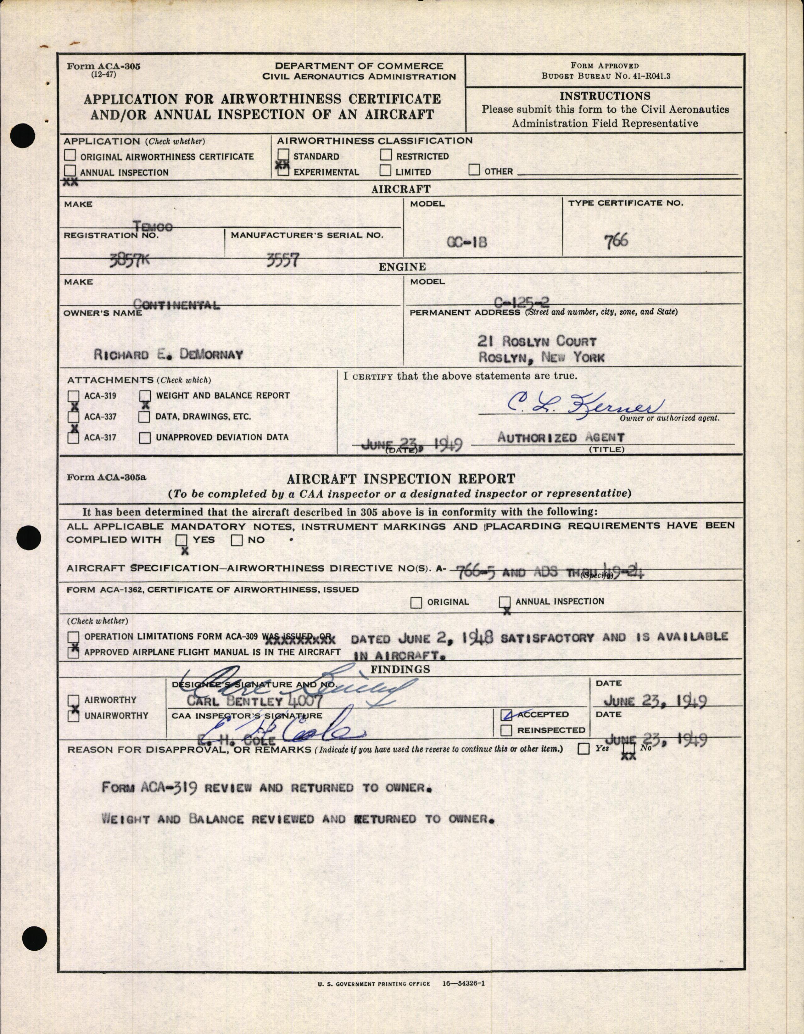 Sample page 1 from AirCorps Library document: Technical Information for Serial Number 3557