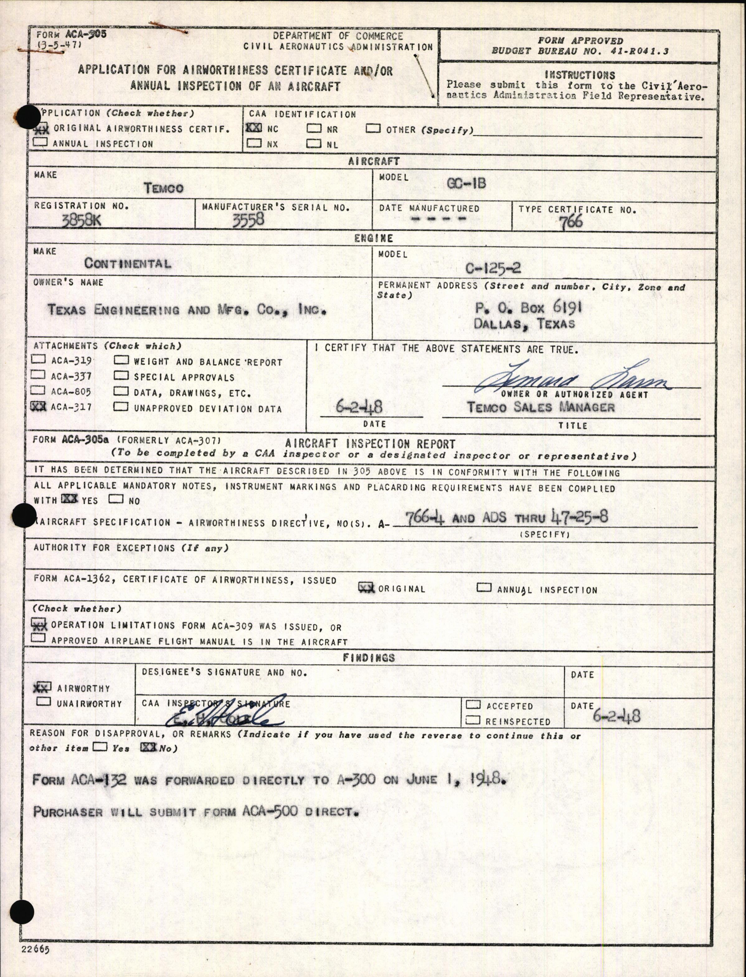 Sample page 1 from AirCorps Library document: Technical Information for Serial Number 3558