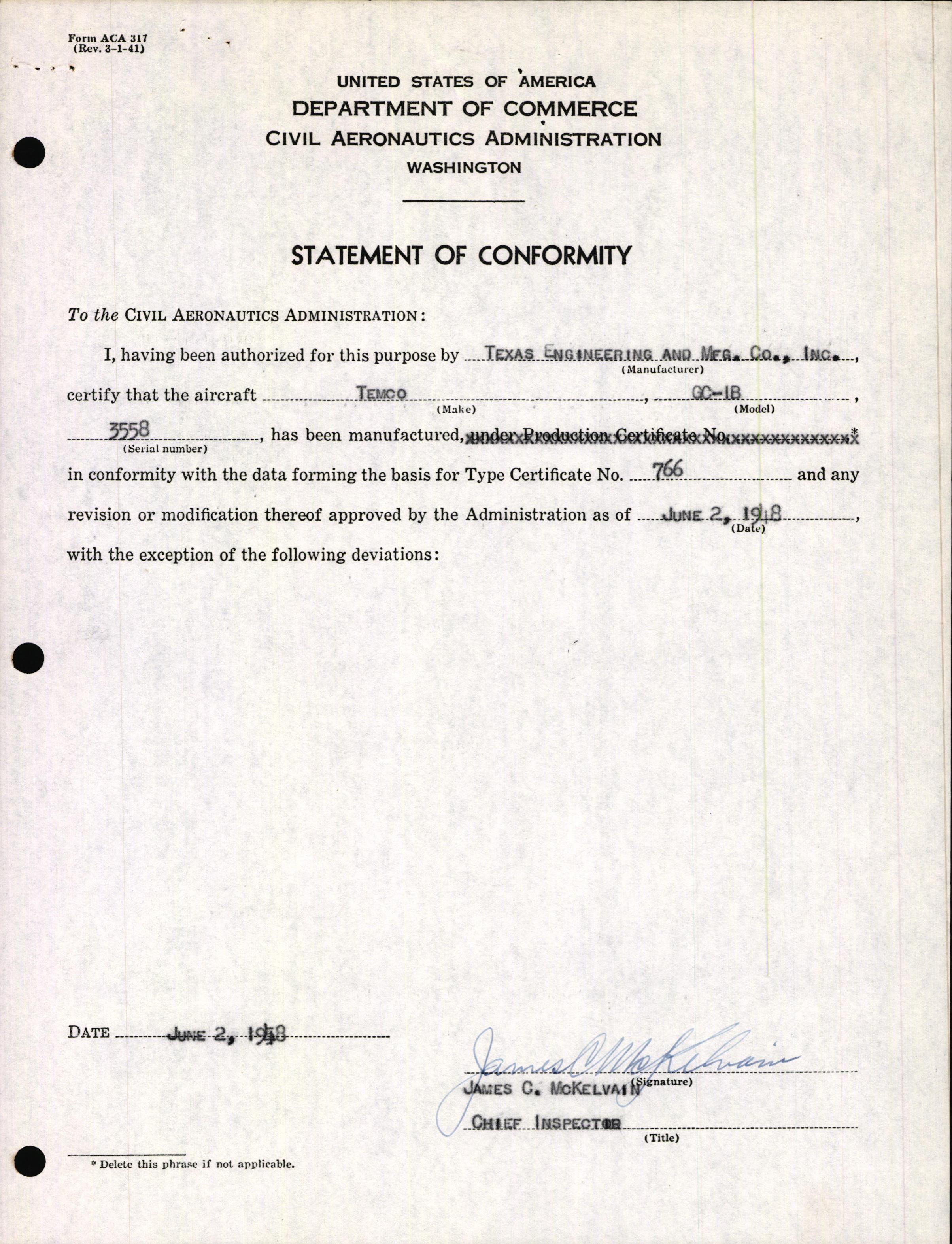 Sample page 3 from AirCorps Library document: Technical Information for Serial Number 3558