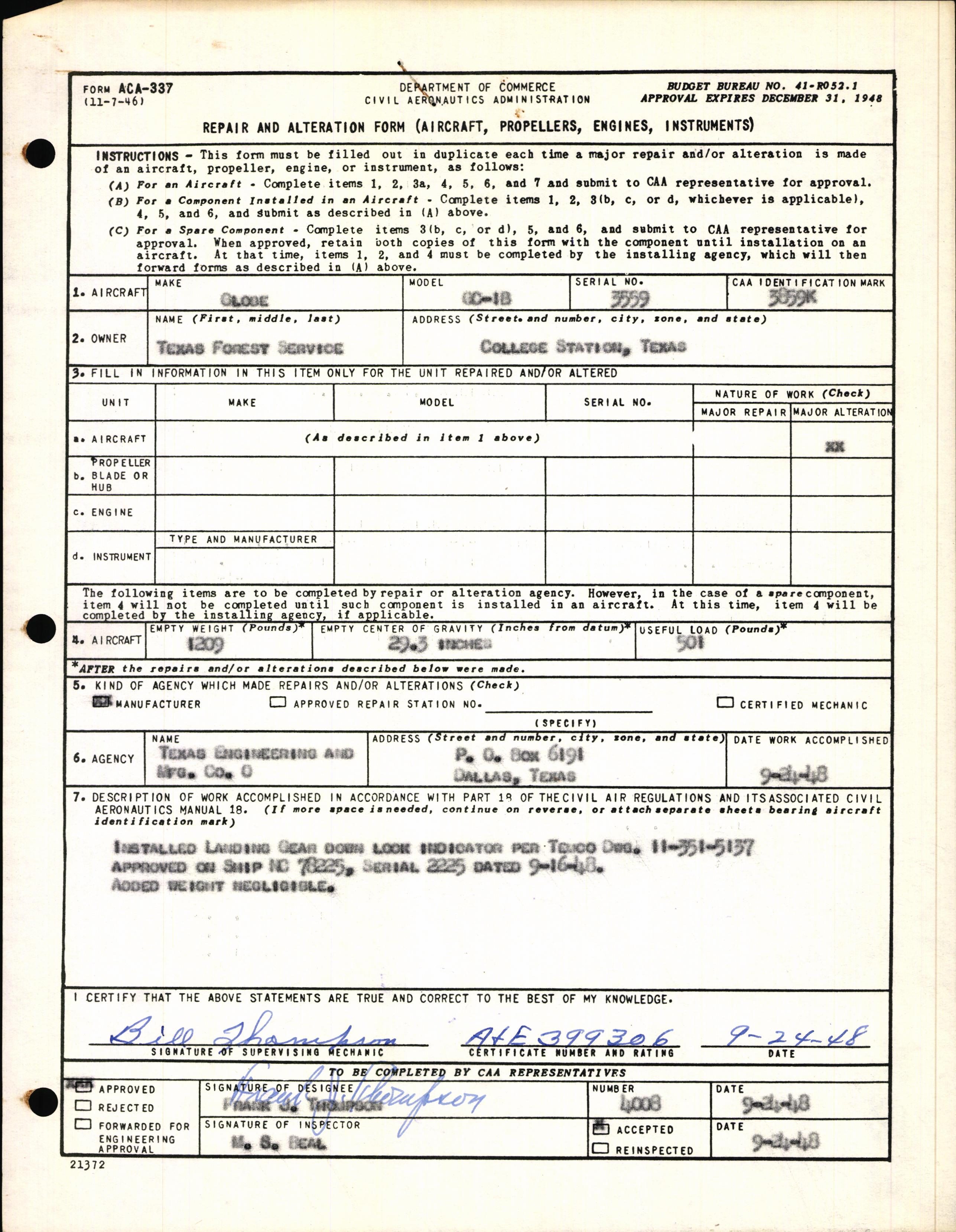 Sample page 1 from AirCorps Library document: Technical Information for Serial Number 3559