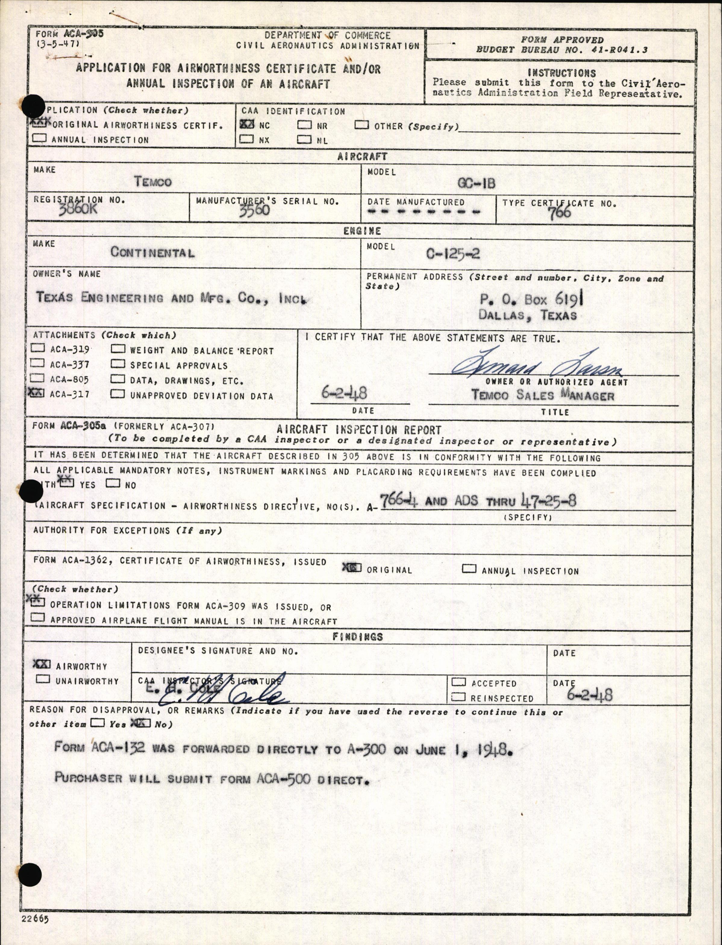 Sample page 1 from AirCorps Library document: Technical Information for Serial Number 3560