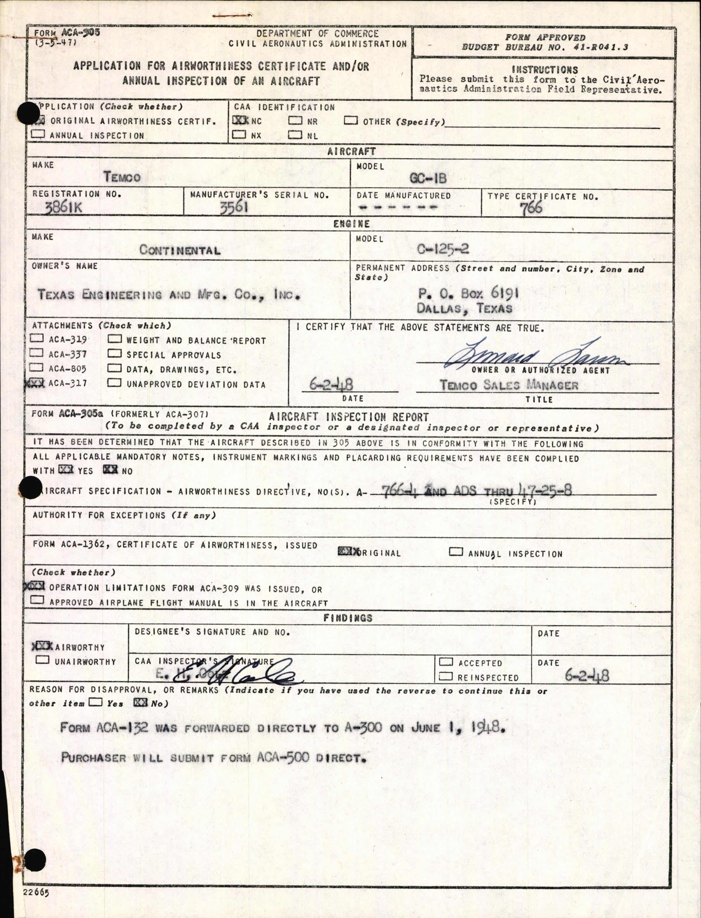 Sample page 1 from AirCorps Library document: Technical Information for Serial Number 3561