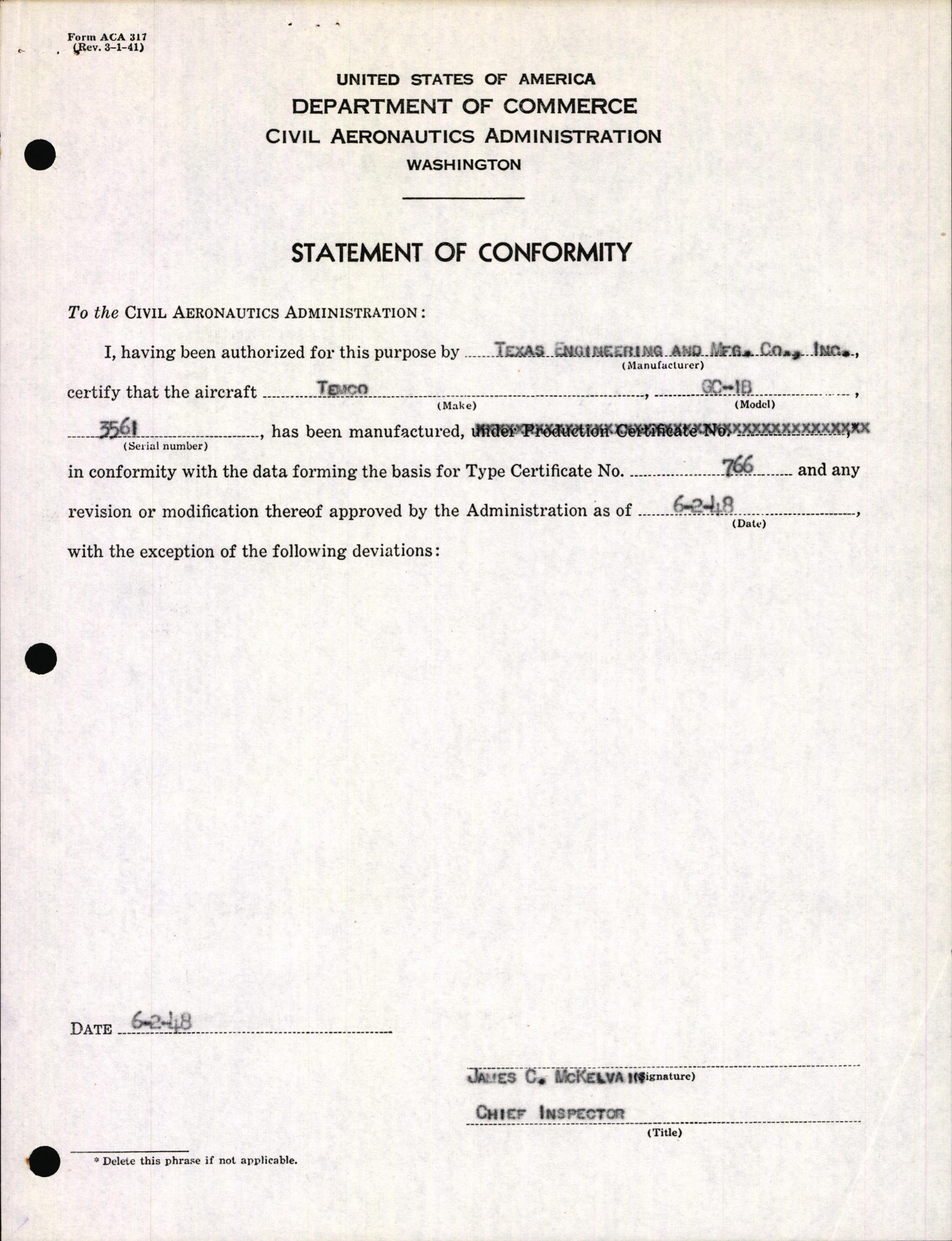 Sample page 3 from AirCorps Library document: Technical Information for Serial Number 3561