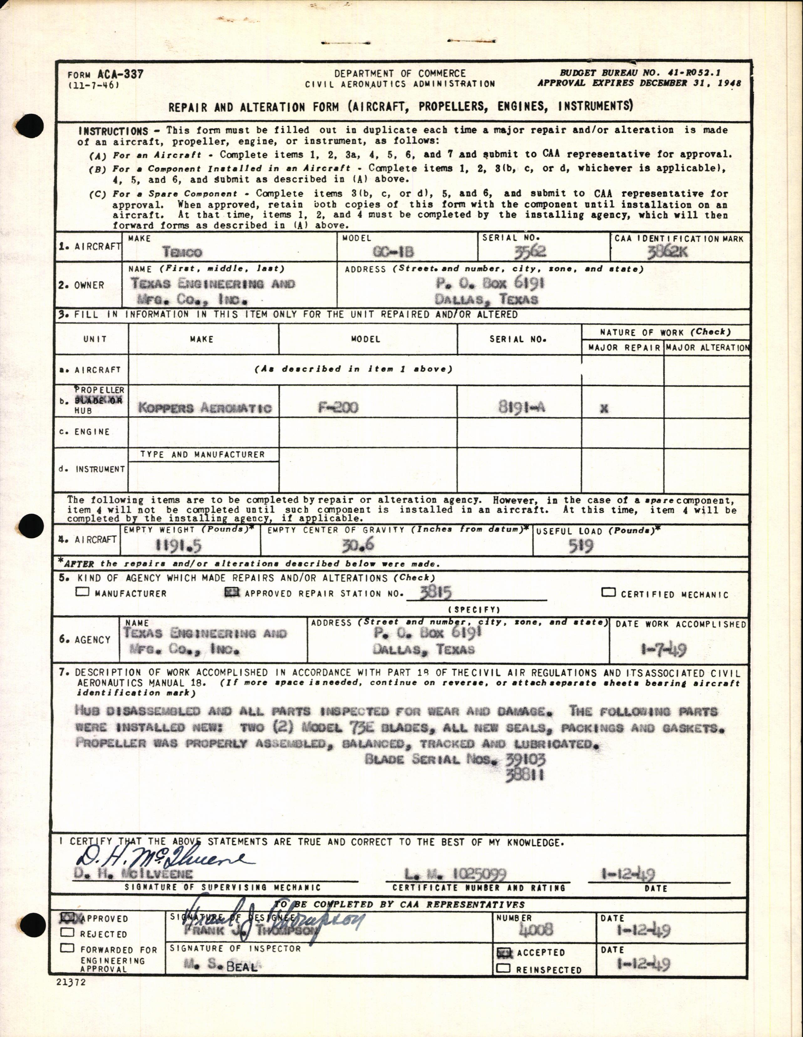 Sample page 1 from AirCorps Library document: Technical Information for Serial Number 3562