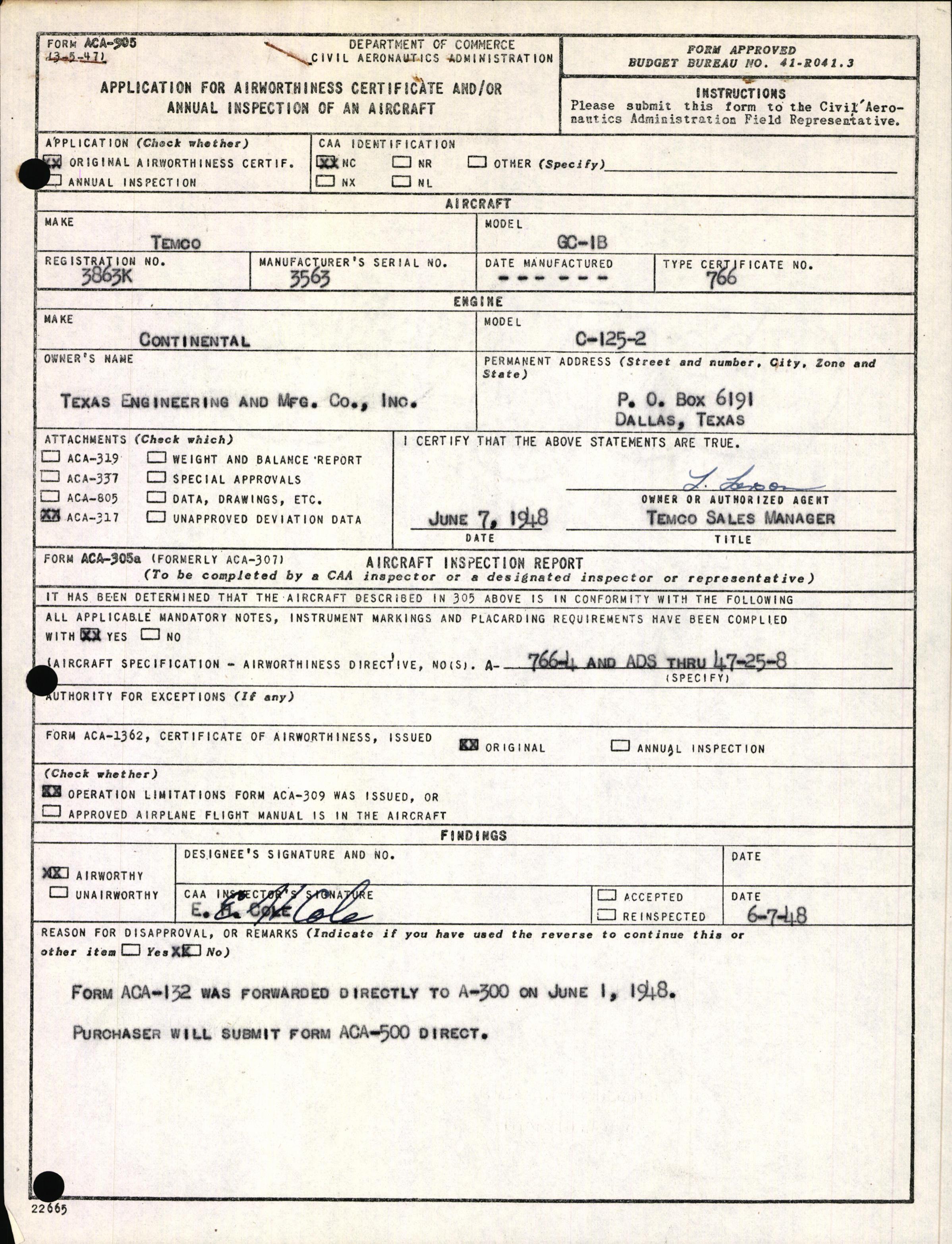 Sample page 1 from AirCorps Library document: Technical Information for Serial Number 3563