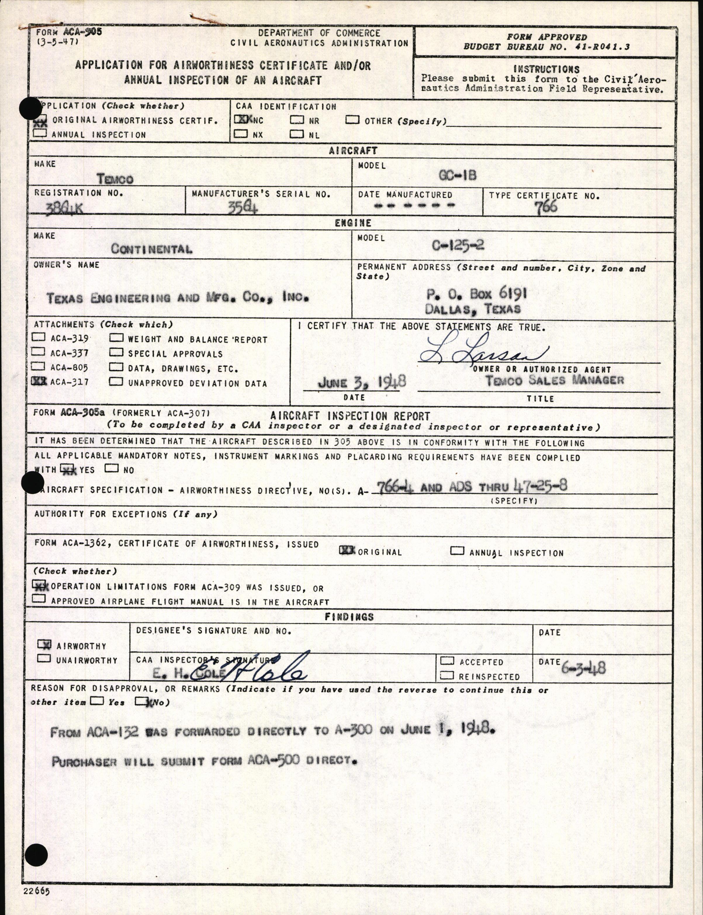 Sample page 1 from AirCorps Library document: Technical Information for Serial Number 3564