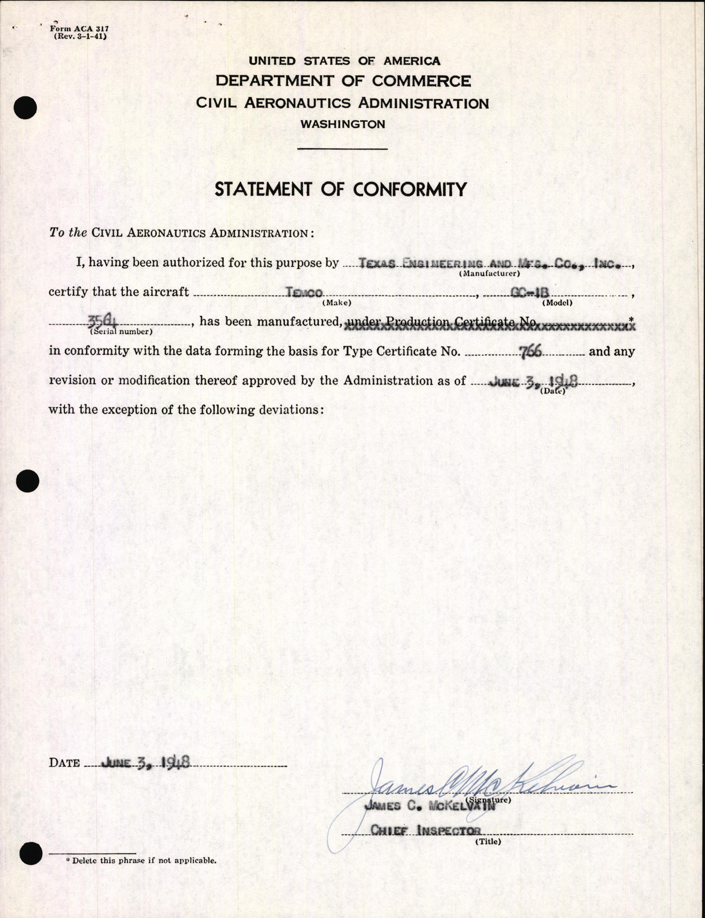 Sample page 3 from AirCorps Library document: Technical Information for Serial Number 3564