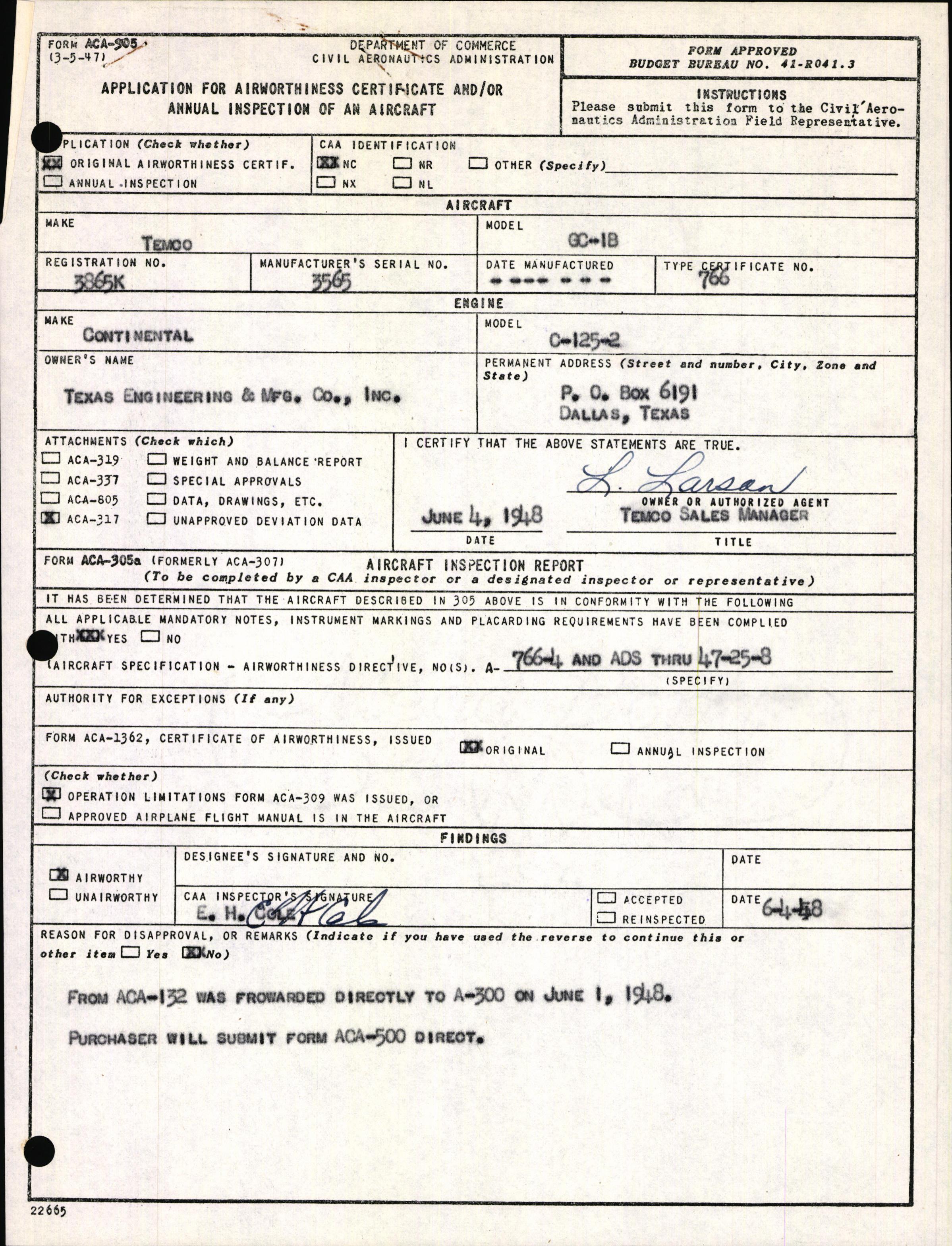 Sample page 1 from AirCorps Library document: Technical Information for Serial Number 3565