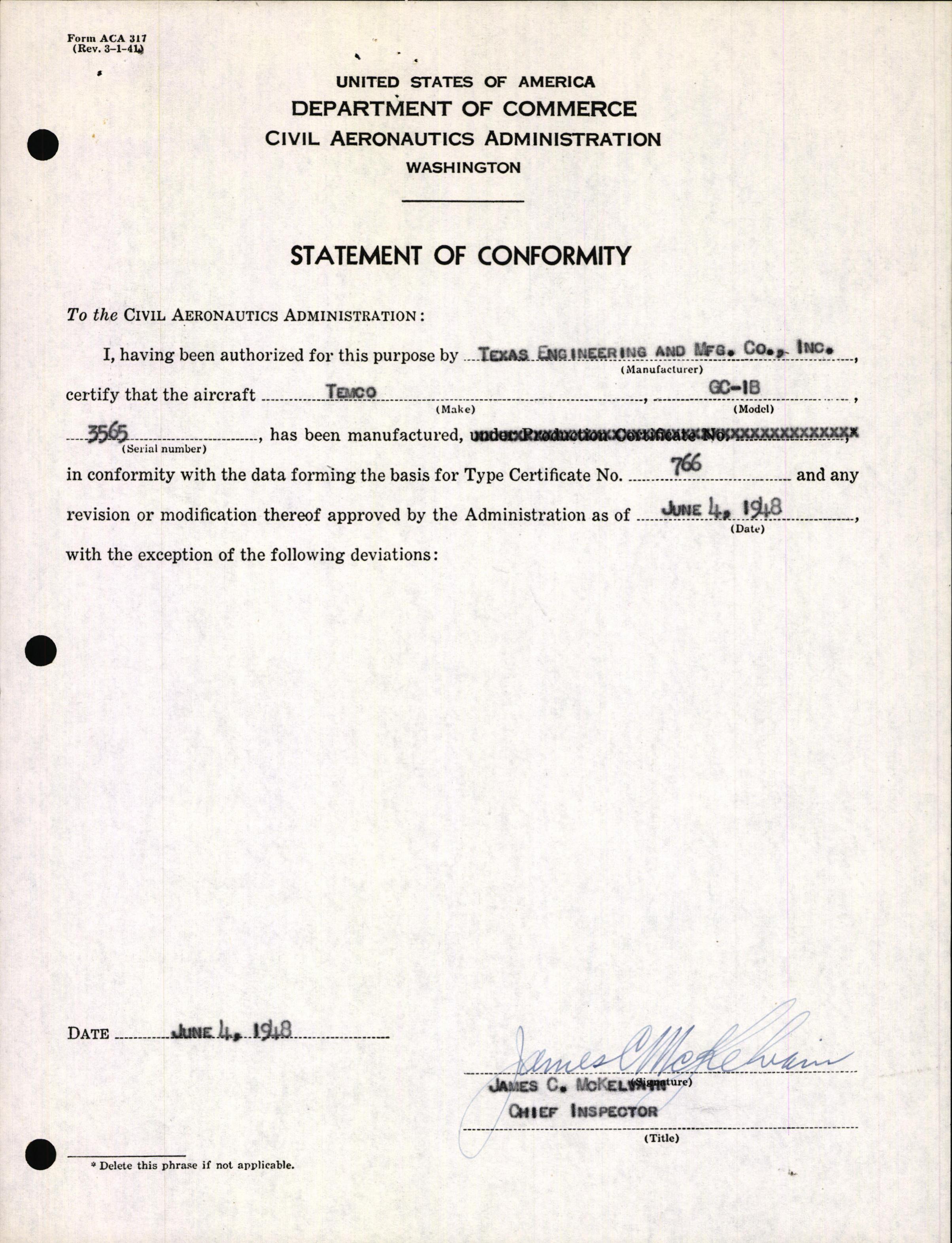 Sample page 3 from AirCorps Library document: Technical Information for Serial Number 3565