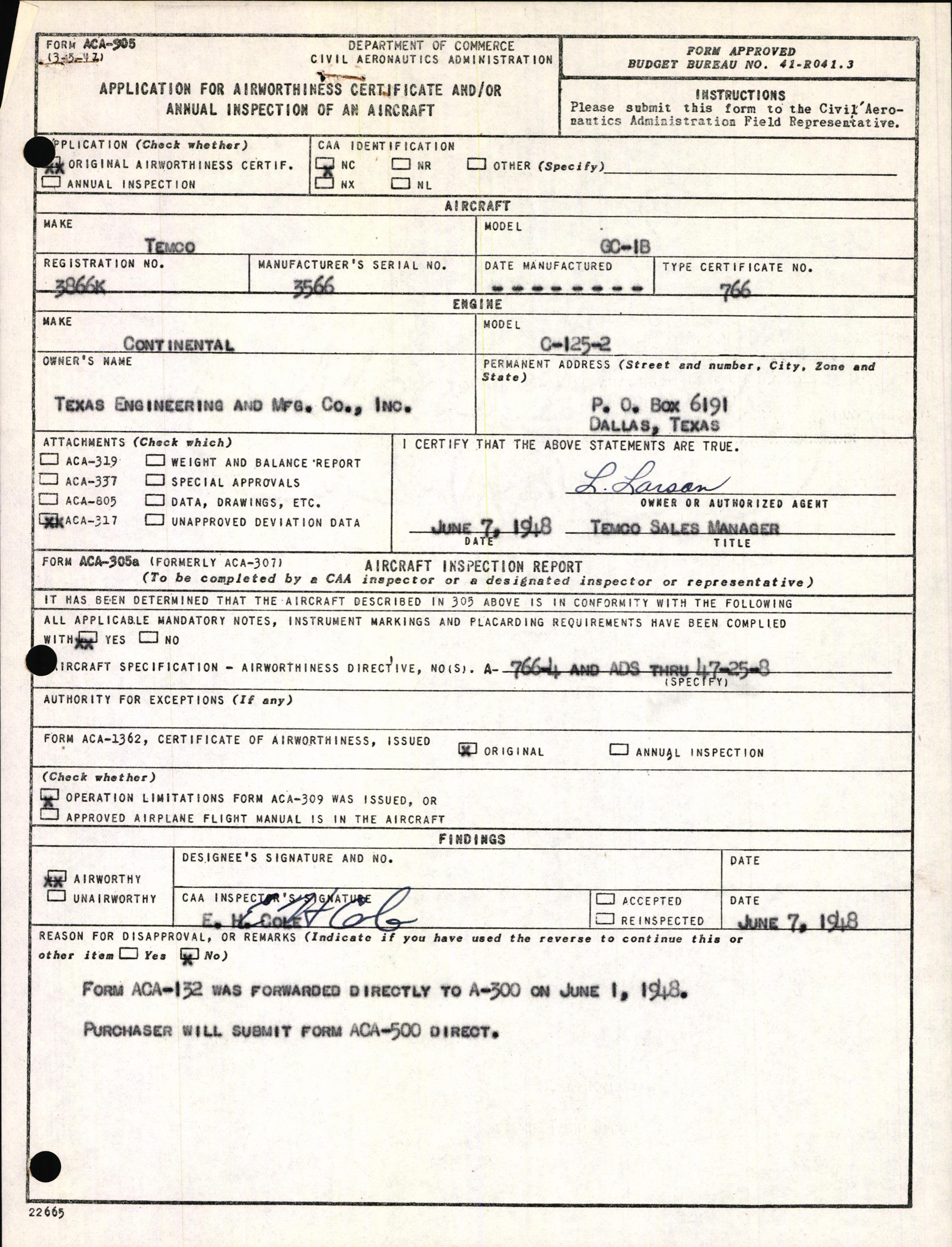 Sample page 1 from AirCorps Library document: Technical Information for Serial Number 3566