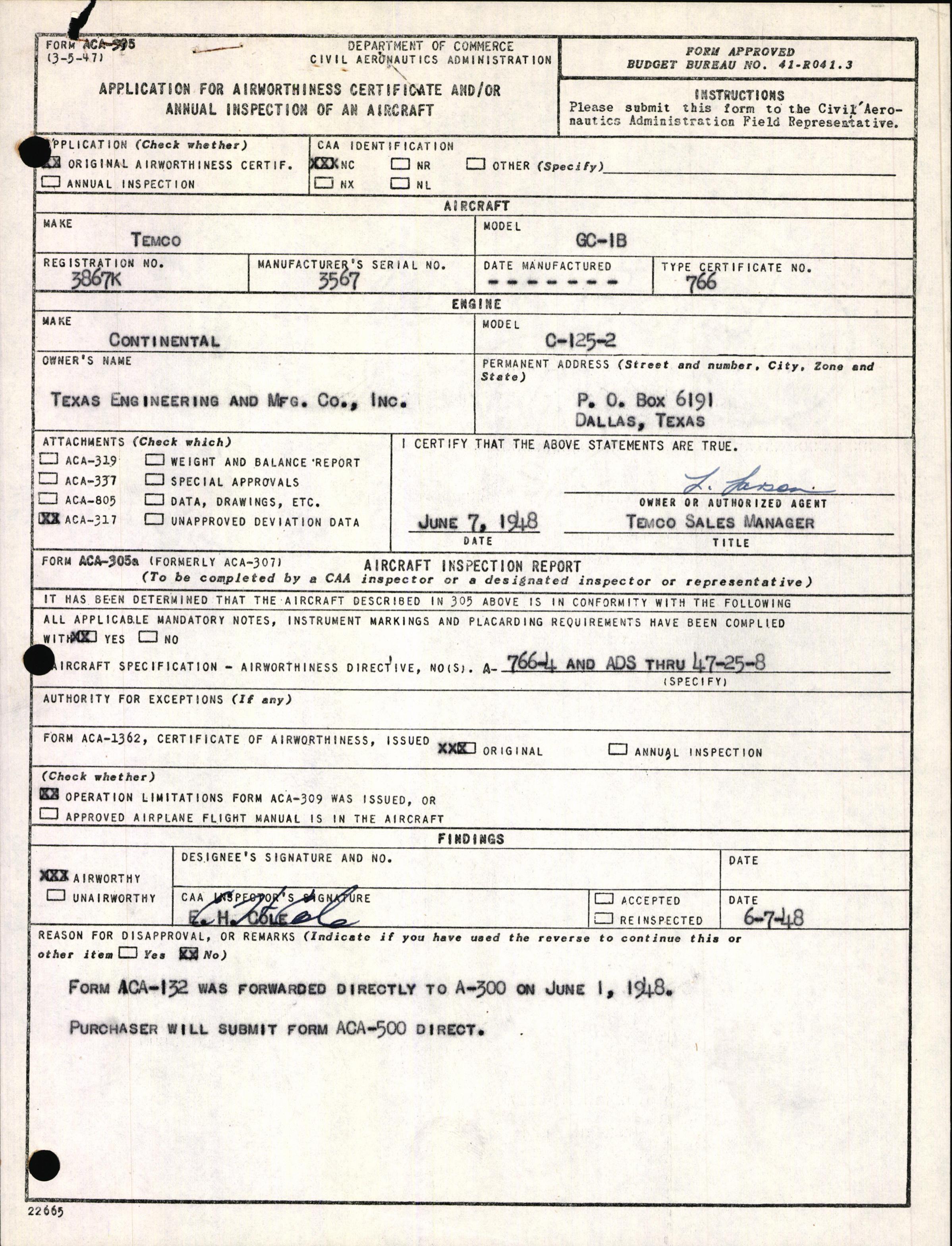 Sample page 1 from AirCorps Library document: Technical Information for Serial Number 3567