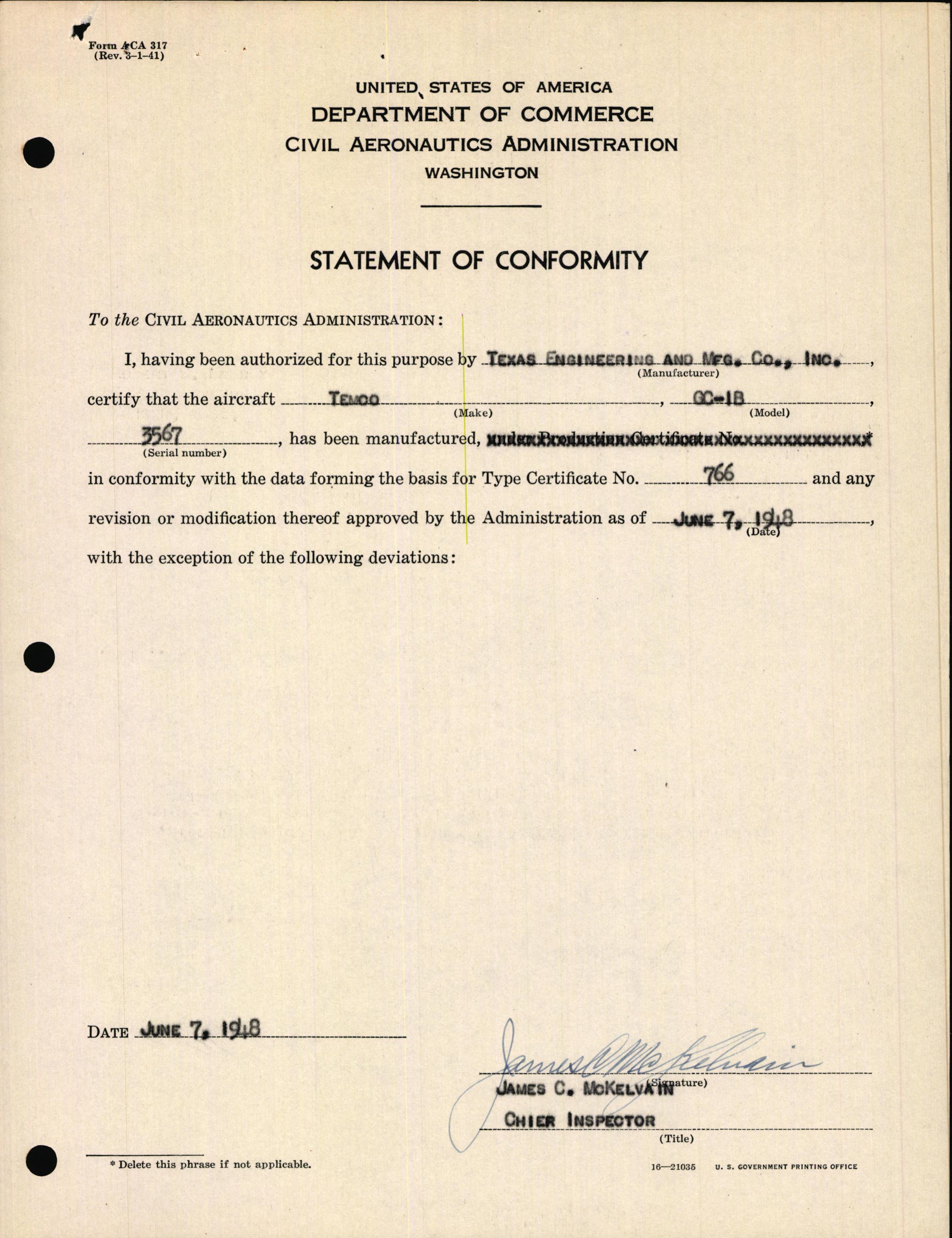 Sample page 3 from AirCorps Library document: Technical Information for Serial Number 3567