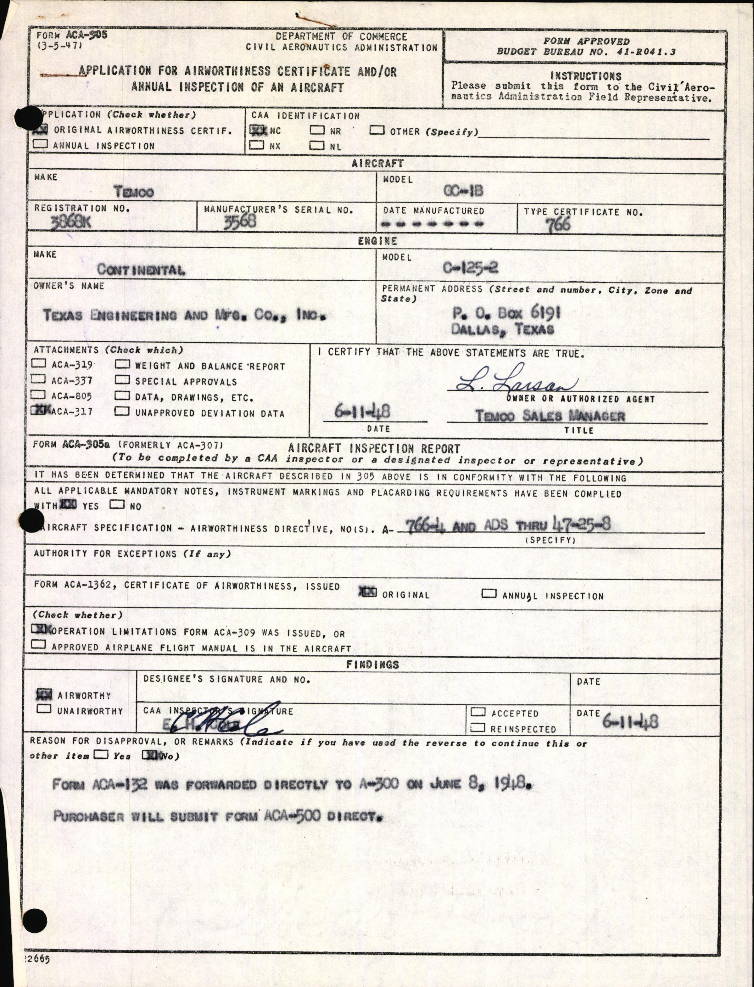 Sample page 1 from AirCorps Library document: Technical Information for Serial Number 3568