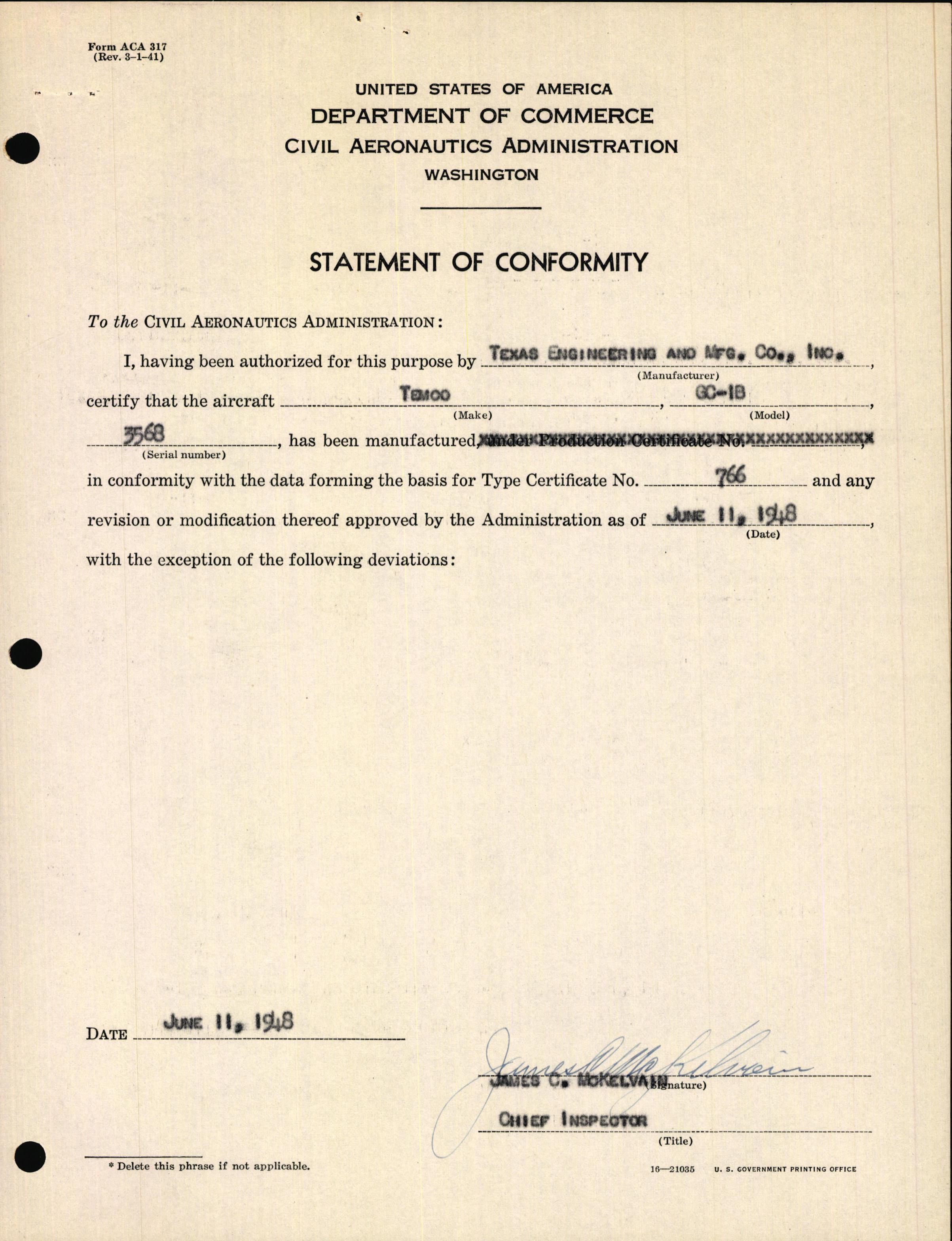 Sample page 3 from AirCorps Library document: Technical Information for Serial Number 3568