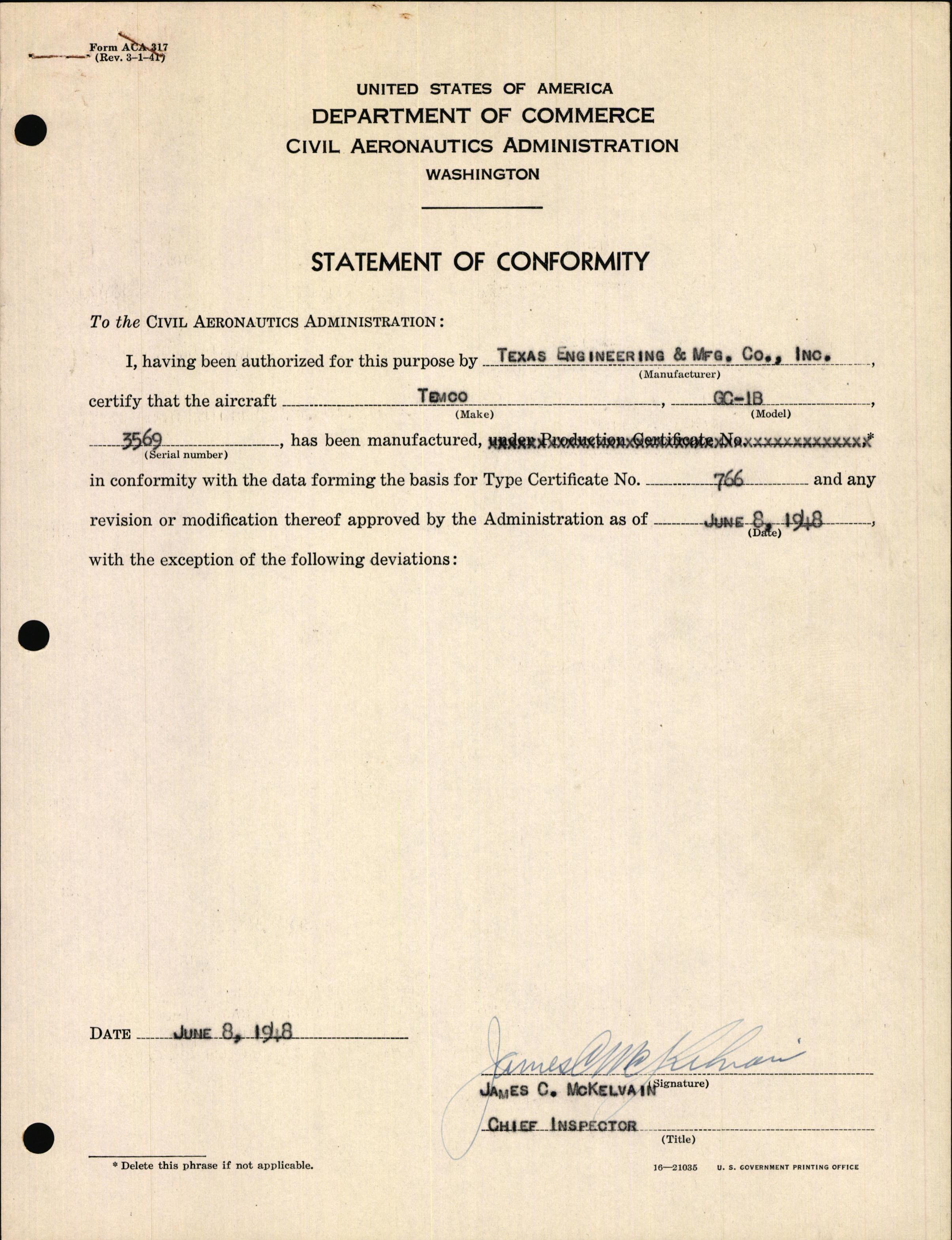 Sample page 1 from AirCorps Library document: Technical Information for Serial Number 3569