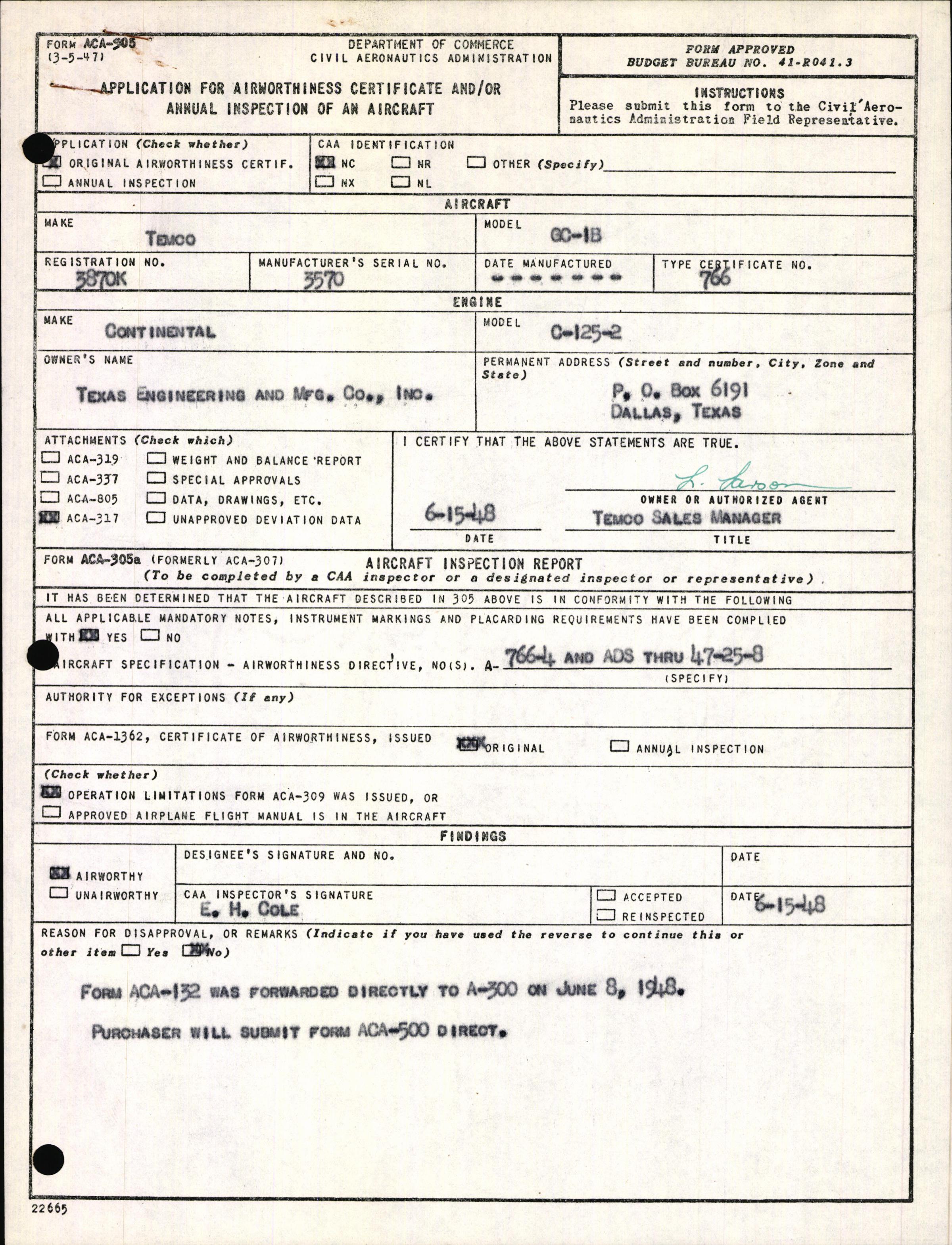 Sample page 1 from AirCorps Library document: Technical Information for Serial Number 3570