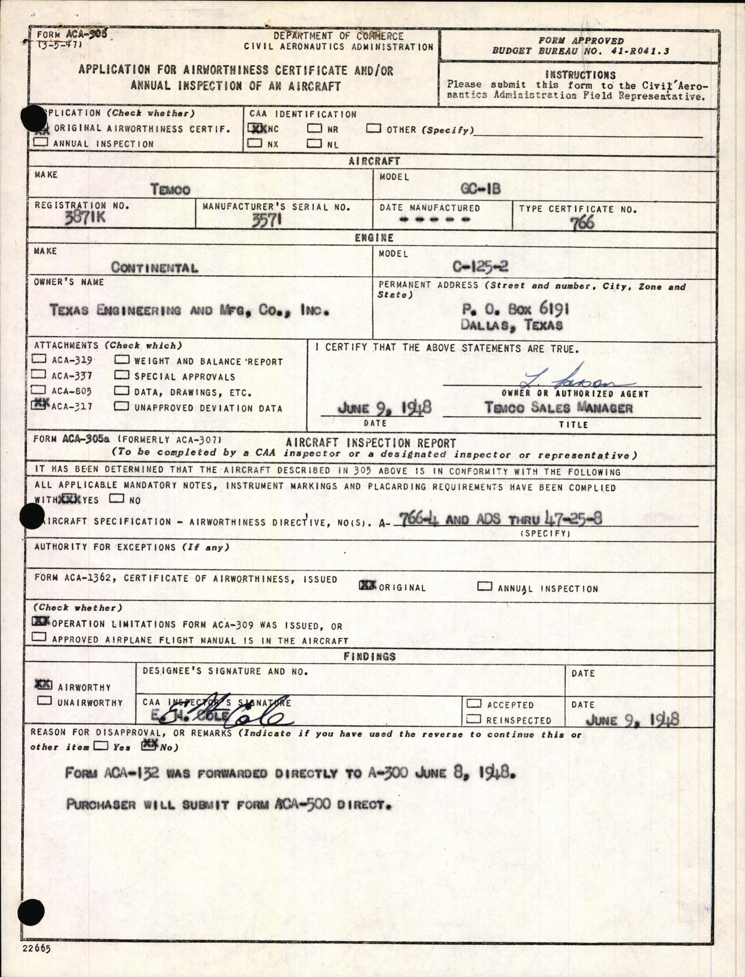 Sample page 1 from AirCorps Library document: Technical Information for Serial Number 3571