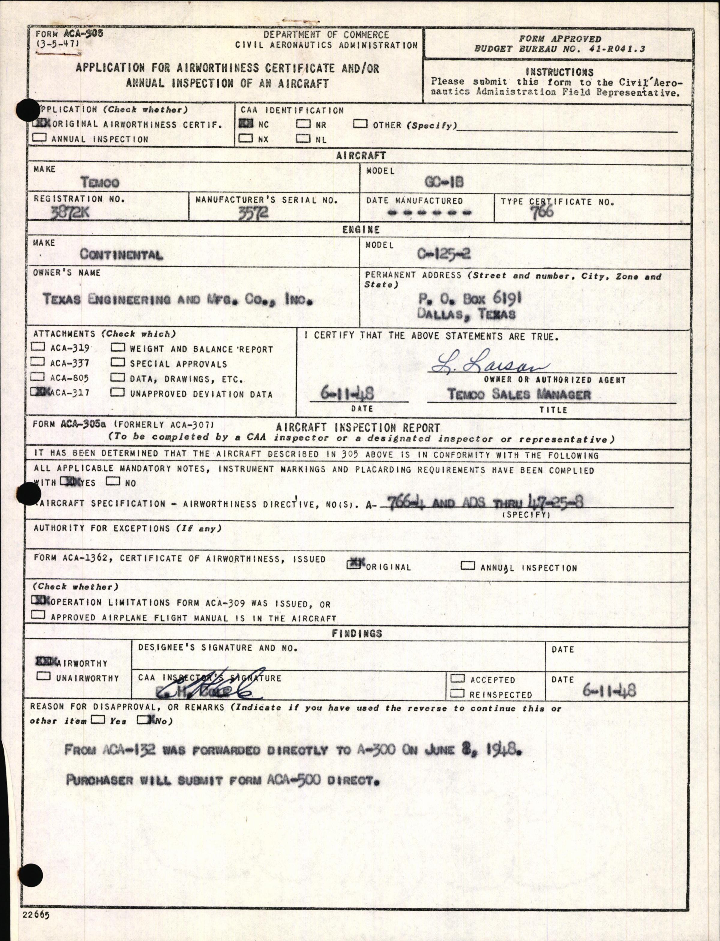 Sample page 1 from AirCorps Library document: Technical Information for Serial Number 3572