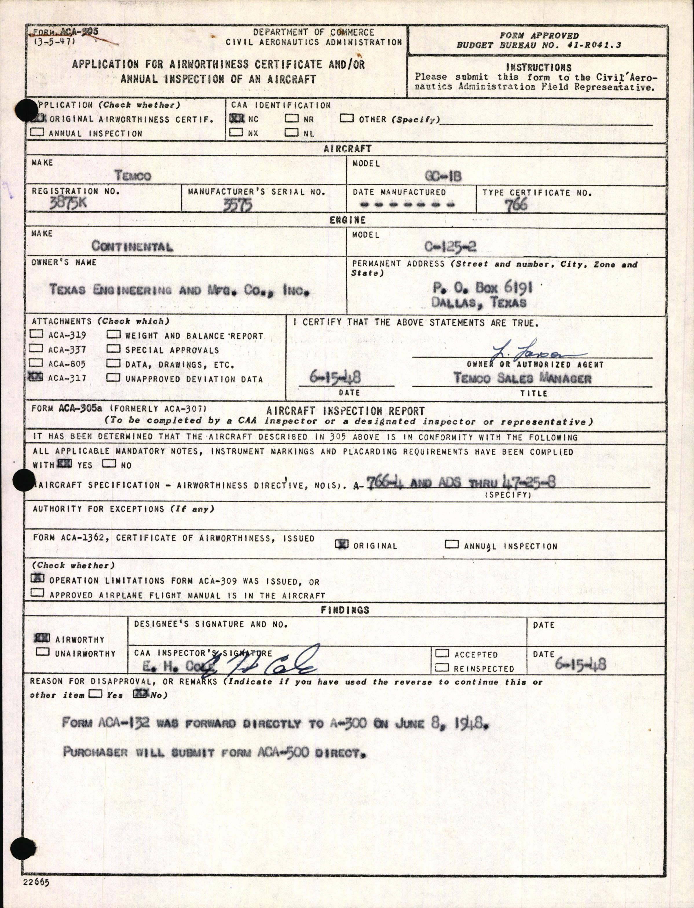 Sample page 1 from AirCorps Library document: Technical Information for Serial Number 3575