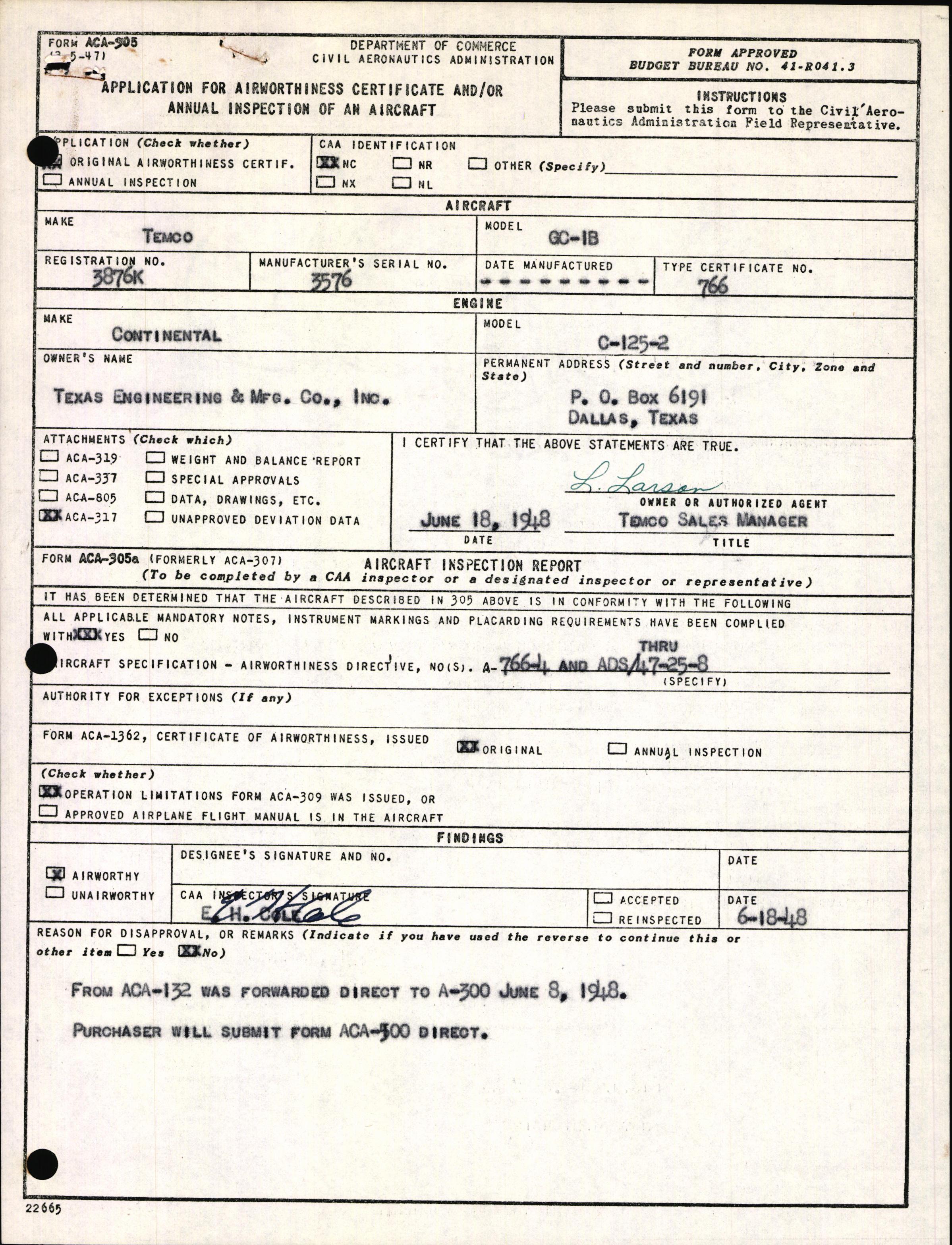 Sample page 1 from AirCorps Library document: Technical Information for Serial Number 3576