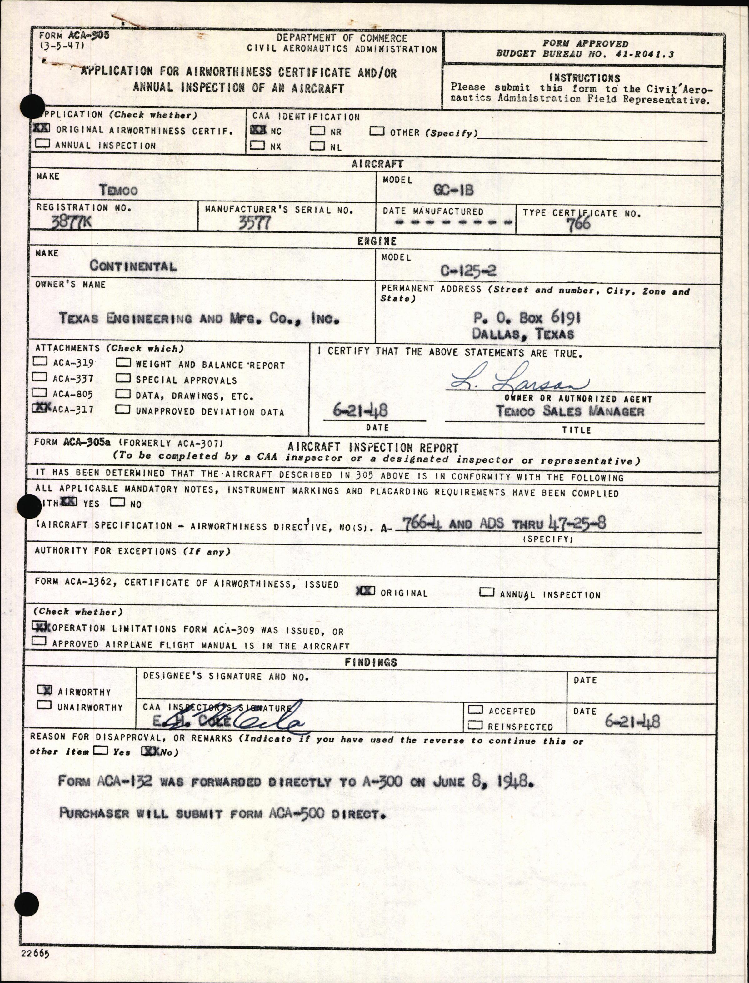 Sample page 1 from AirCorps Library document: Technical Information for Serial Number 3577