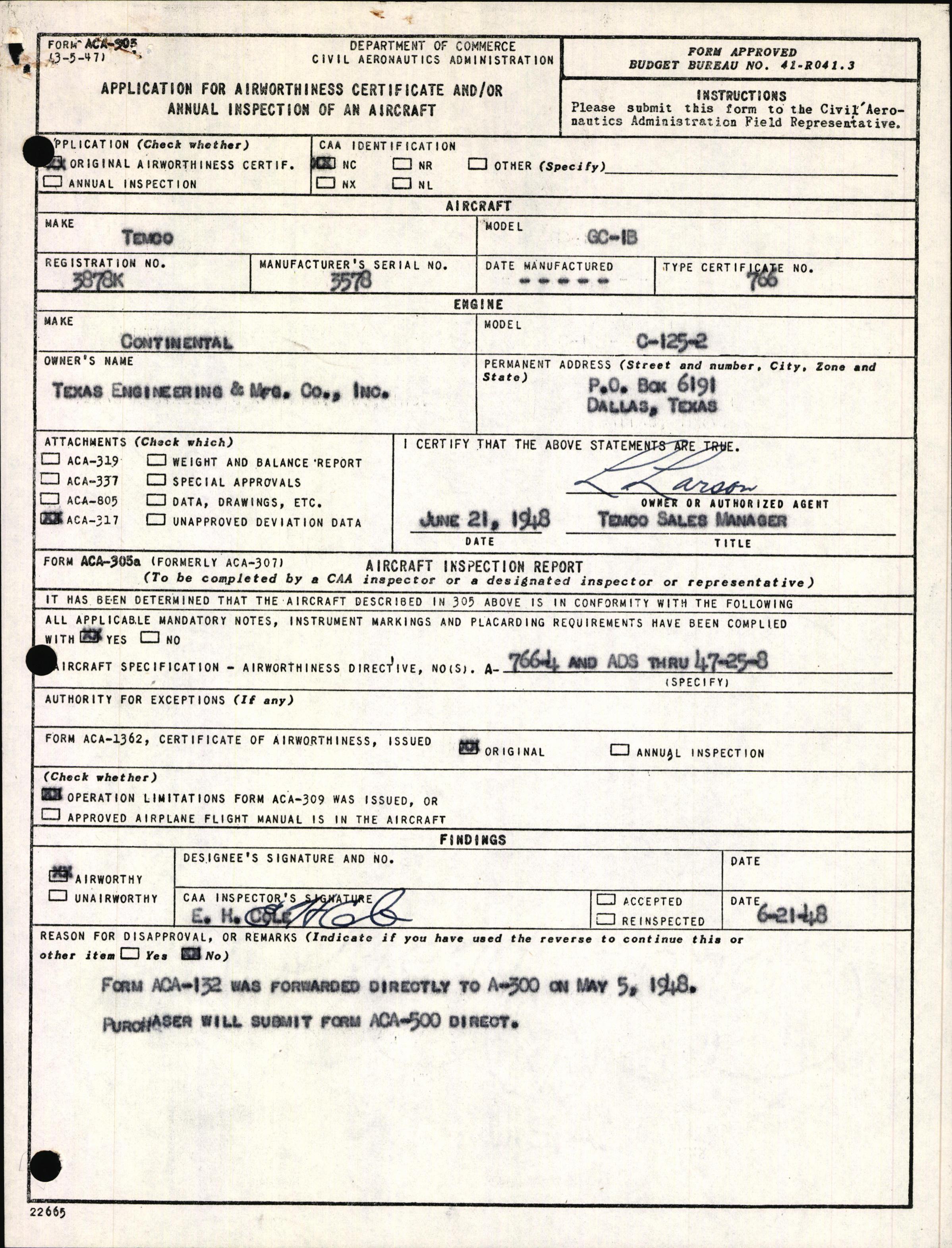 Sample page 1 from AirCorps Library document: Technical Information for Serial Number 3578