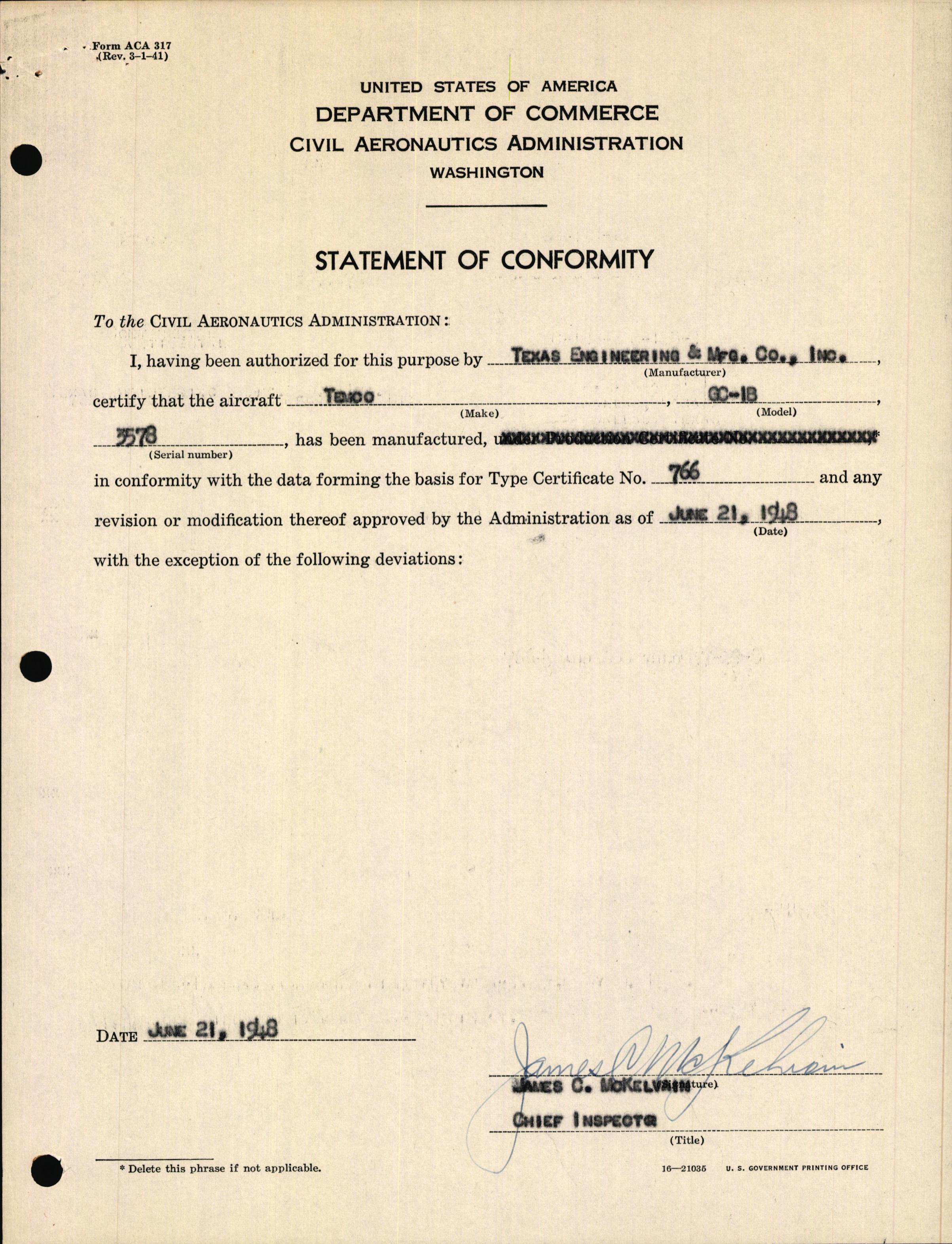 Sample page 3 from AirCorps Library document: Technical Information for Serial Number 3578