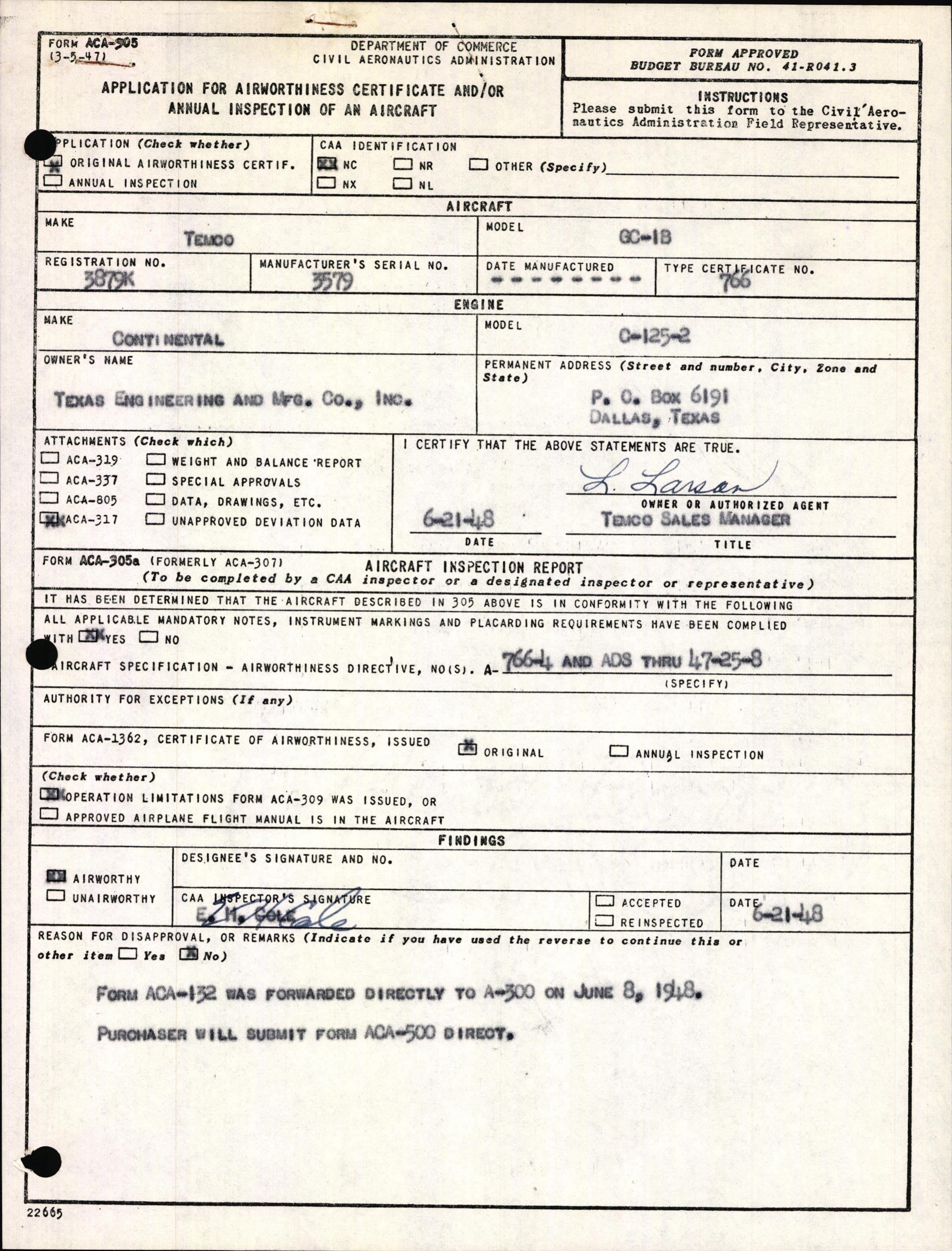 Sample page 1 from AirCorps Library document: Technical Information for Serial Number 3579