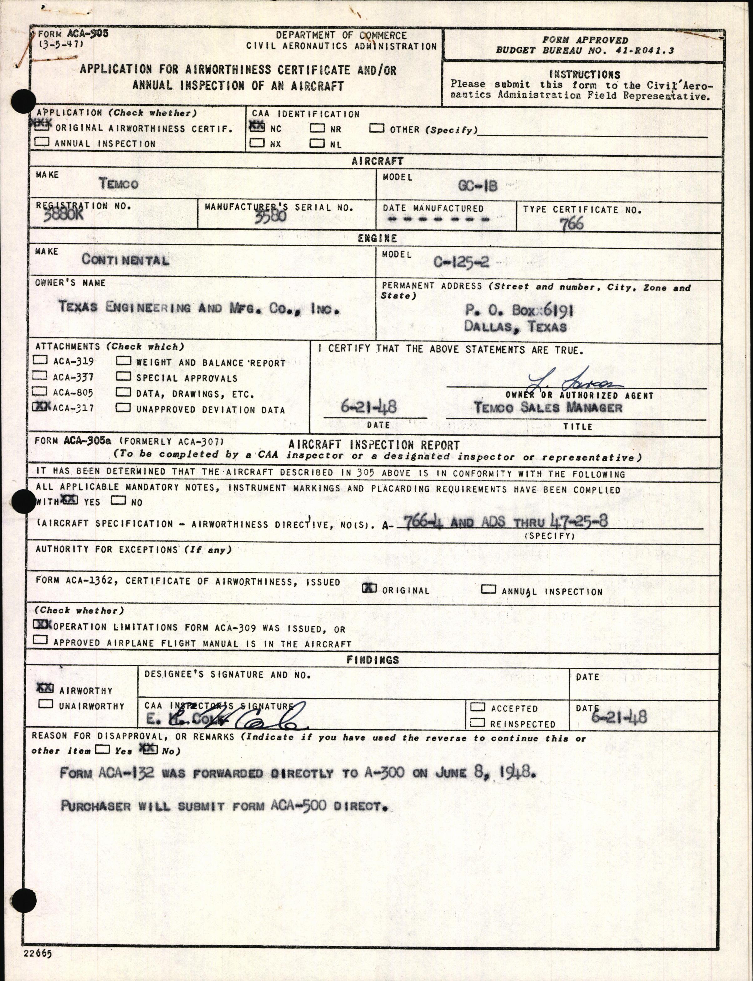 Sample page 1 from AirCorps Library document: Technical Information for Serial Number 3580