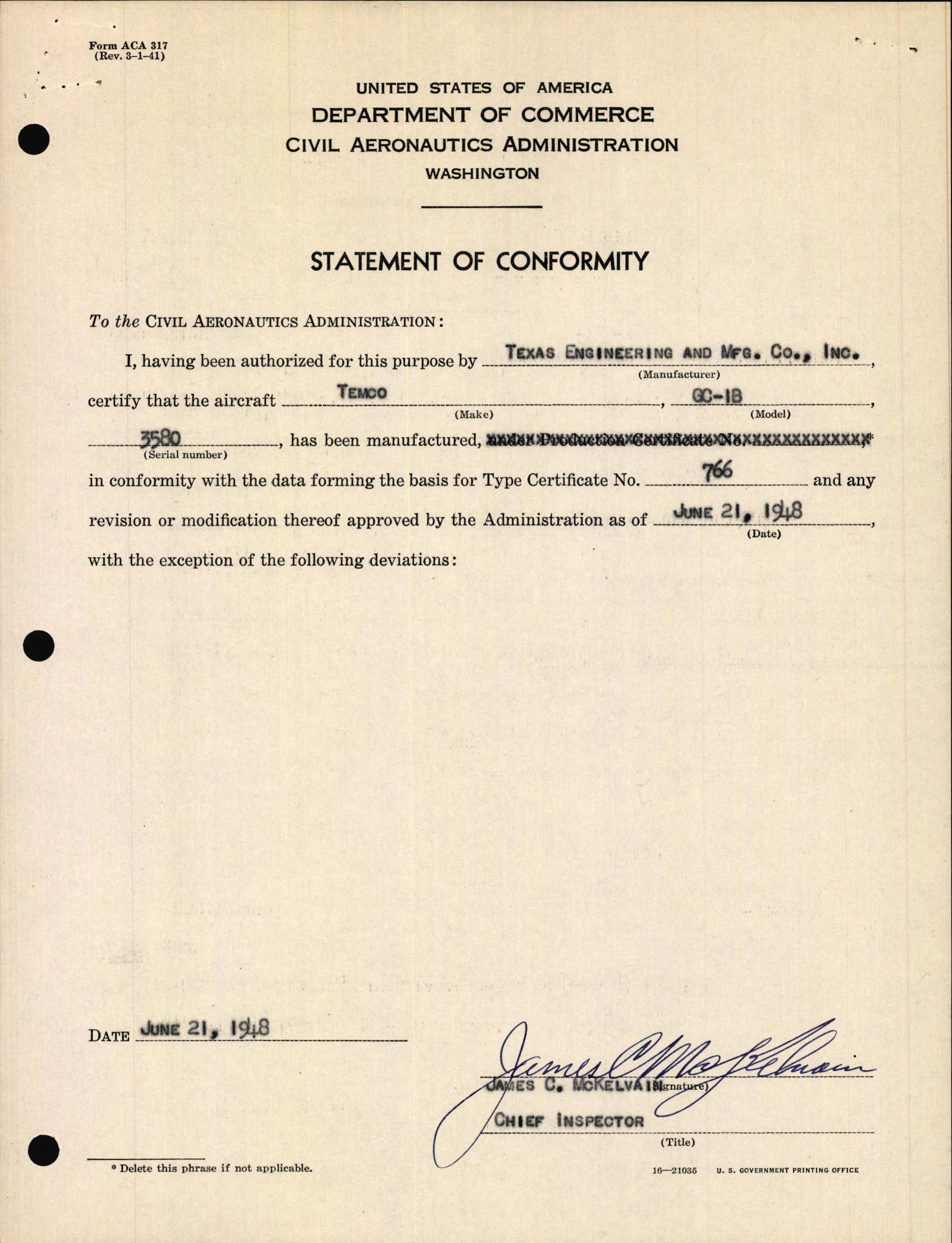 Sample page 3 from AirCorps Library document: Technical Information for Serial Number 3580