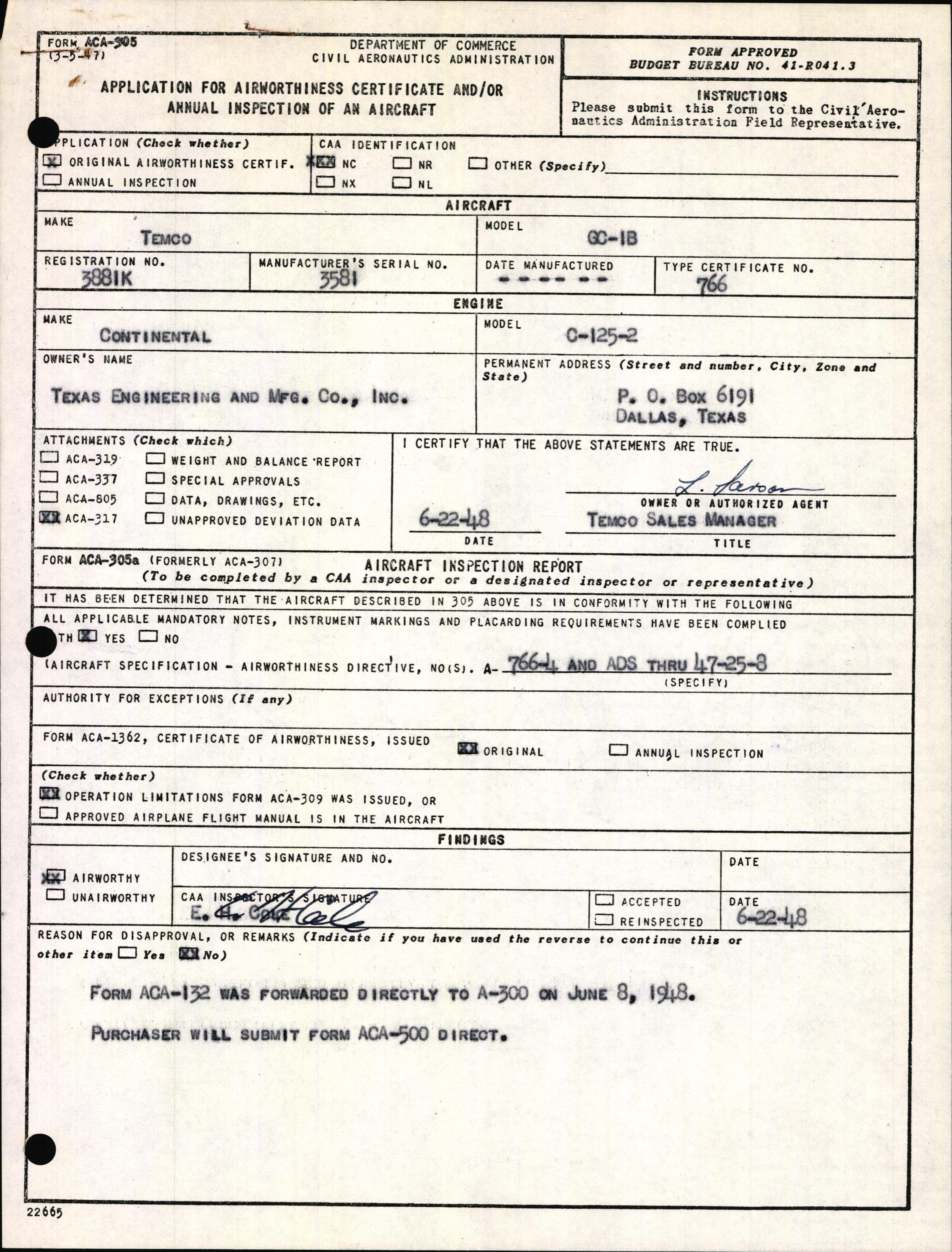 Sample page 1 from AirCorps Library document: Technical Information for Serial Number 3581